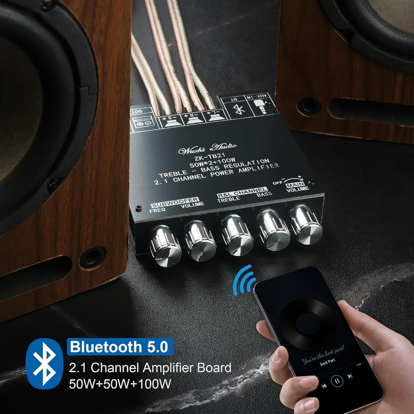 Wuzhi Audio ZK-TB21 50W+50W+100W 2.1CH 5.0 (ZK-TB21) Bluetooth Subwoofer Amplifier Board Bass/Treble Control, AUX/USB