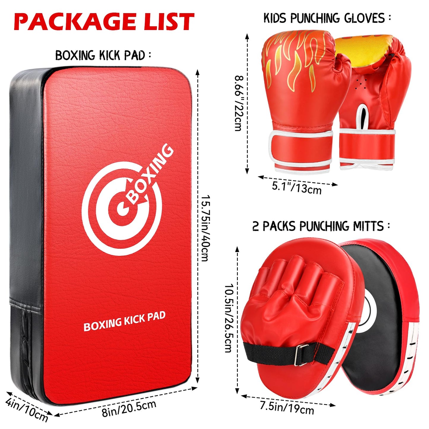3-in-1 Boxing Gloves Punching Mitts Kick Pack Set for Kids, Curved Boxing Mitts Focus Pads, Adjustable Taekwondo Kick Pad, Gloves for Kicking Karate Kickboxing Muay Thai MMA Training