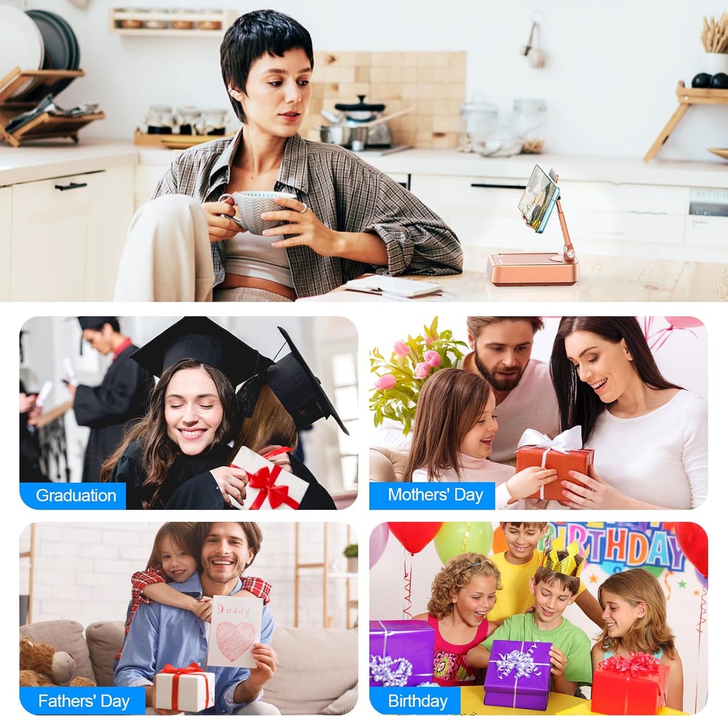 TechGlow 360 Gifts for Men Women Foldable Cellphone Stand with Bluetooth Speaker and Charging Function Rotatable Phone