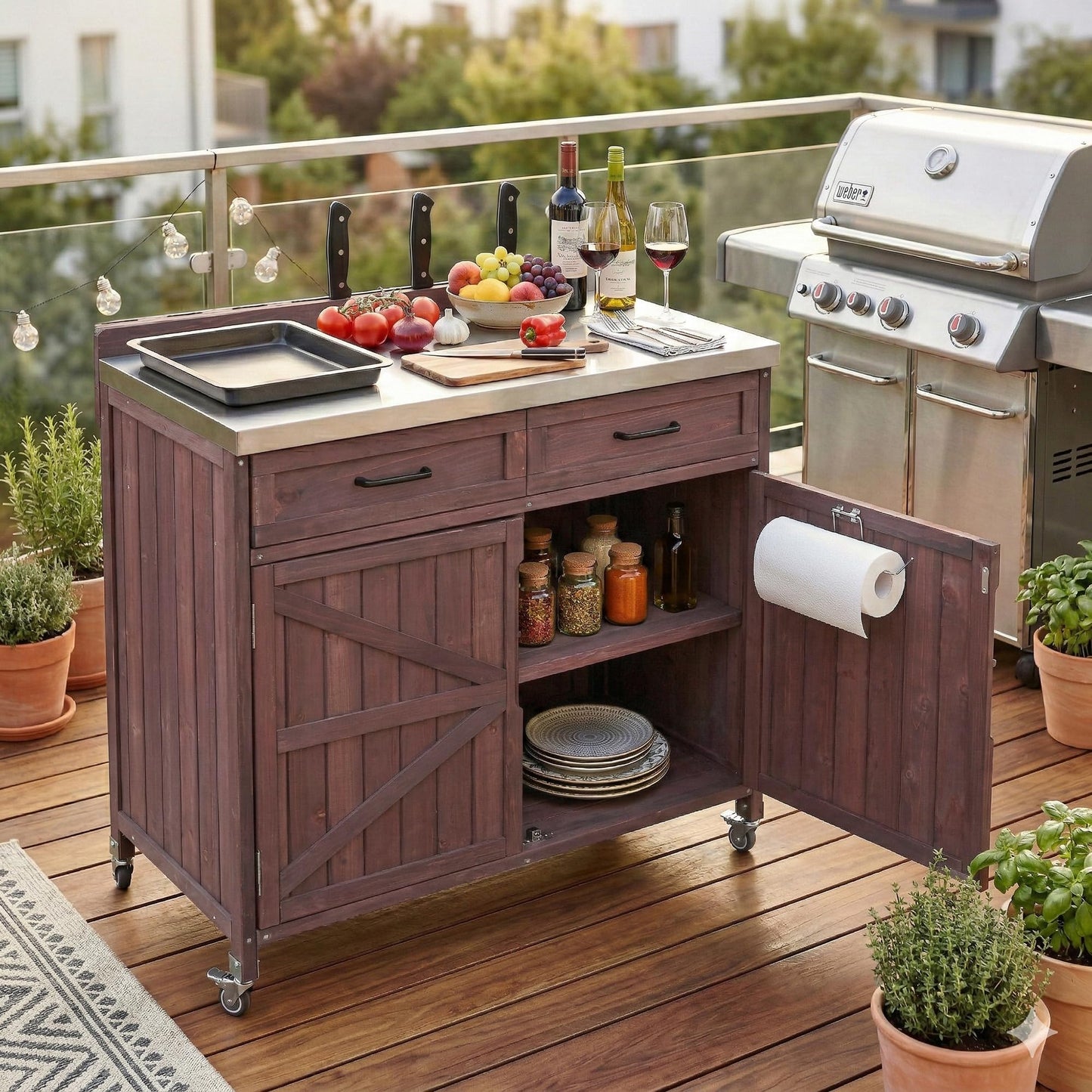 Merax Farmhouse 39.4" Grill Cart with Drawer, Storage Cabinet and Stainless Steel Top, Outdoor Grill Station w/Internal Racks & Lockable Wheels, Modular Kitchen Island for Food Prep & BBQ, Dark Brown