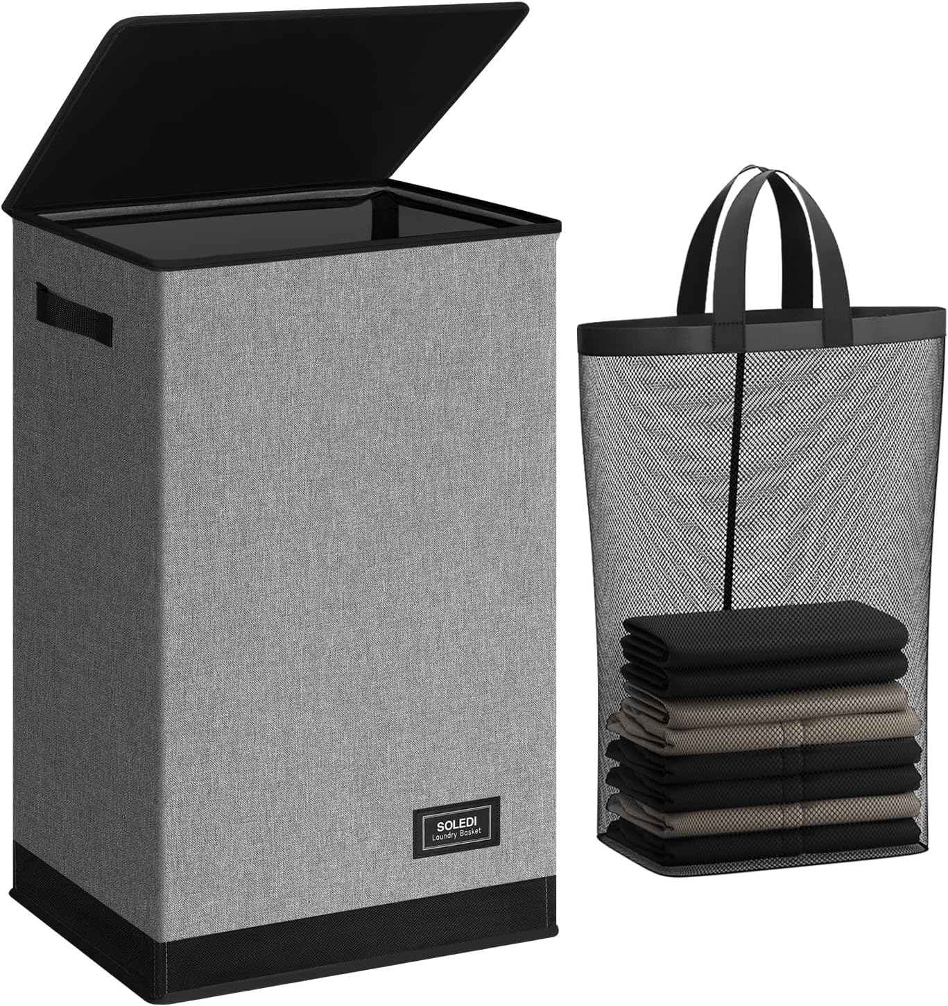 SOLEDI Laundry Hamper - 90L Large Collapsible Basket with Lid & Removable Bag - Grey