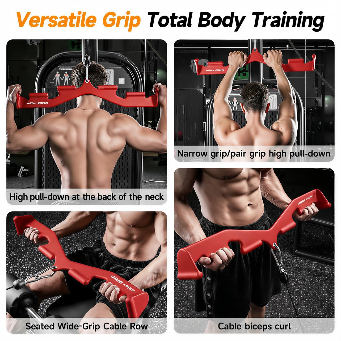 MOST GRIP Multi-Functional Cable Machine Attachment Set, Ergonomic LAT Pulldown Attachment for Whole Back Training, Cable Attachments for Gym Home Include Tricep Rope and 2 LAT Pull Down Bar (Red)