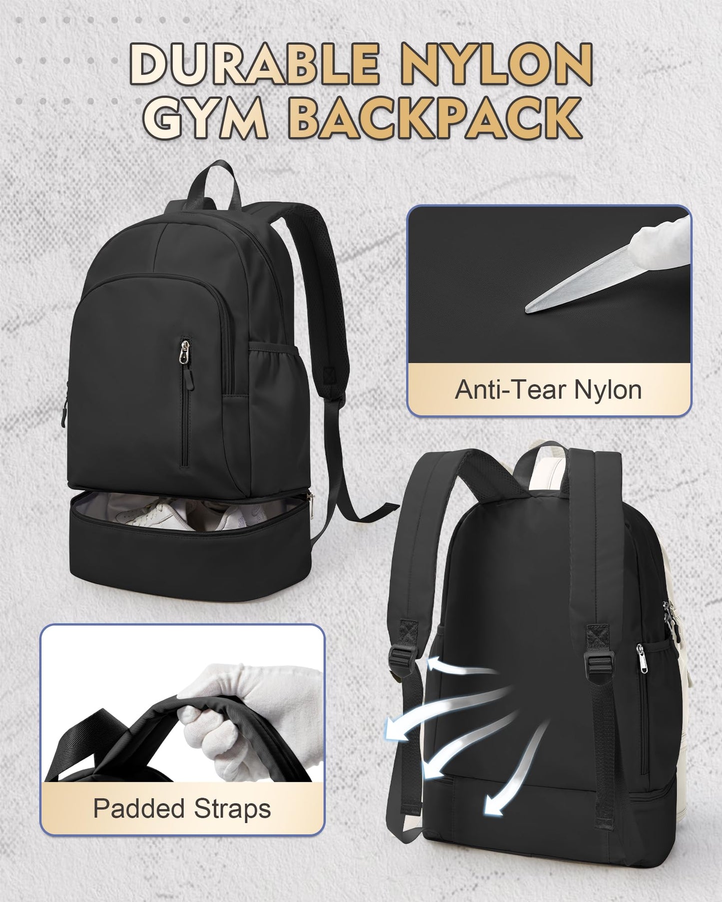 VENATIN Gym Backpack for Women Men,Cheer bag,Lightweight Gym Bag with Shoe Compartment, Waterproof Sports Backpack with Wet Pocket, Black