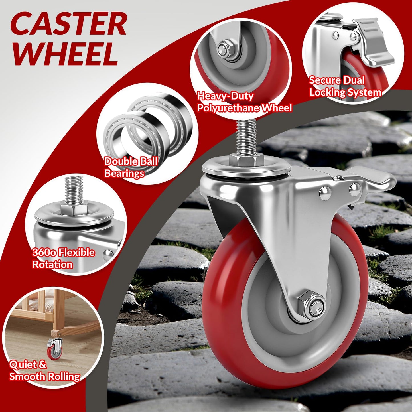 Caster Wheels, 5 Inch Locking Swivel Caster, 1/2"-13 x 1 (Screw Diameter 1/2", Screw Length 1.5") Threaded Stem Casters Set of 4 Heavy Duty,Industrial Castors Wheels for Cart,Furniture and Workbench