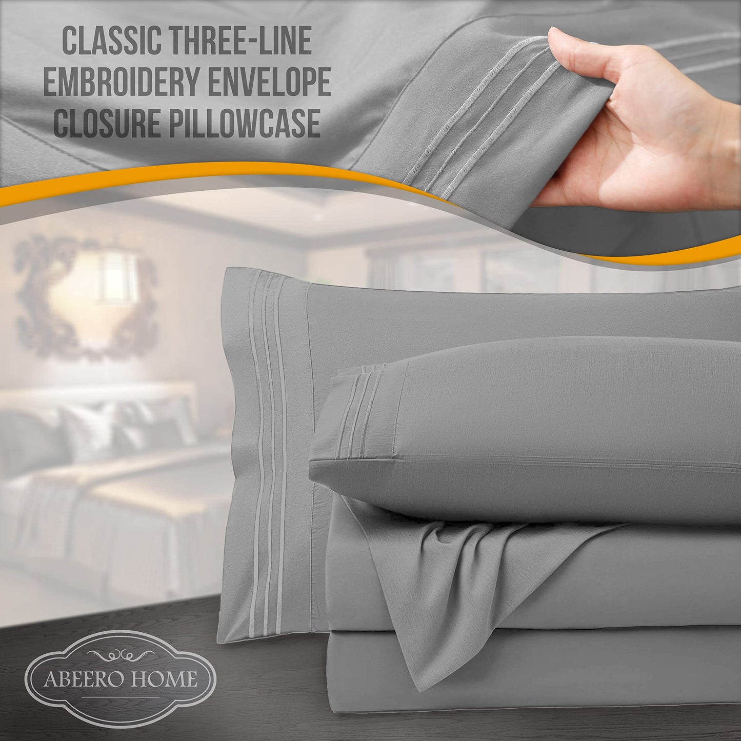 Abeero Home Twin Sheets Set - Luxury Hotel Bed Sheets - Soft Cooling Sheet with Elastic Corner Straps - Deep Pocket Microfiber Bedsheet - Bedding Sheet & Pillowcases -3 PC (Twin Size, Light Gray)