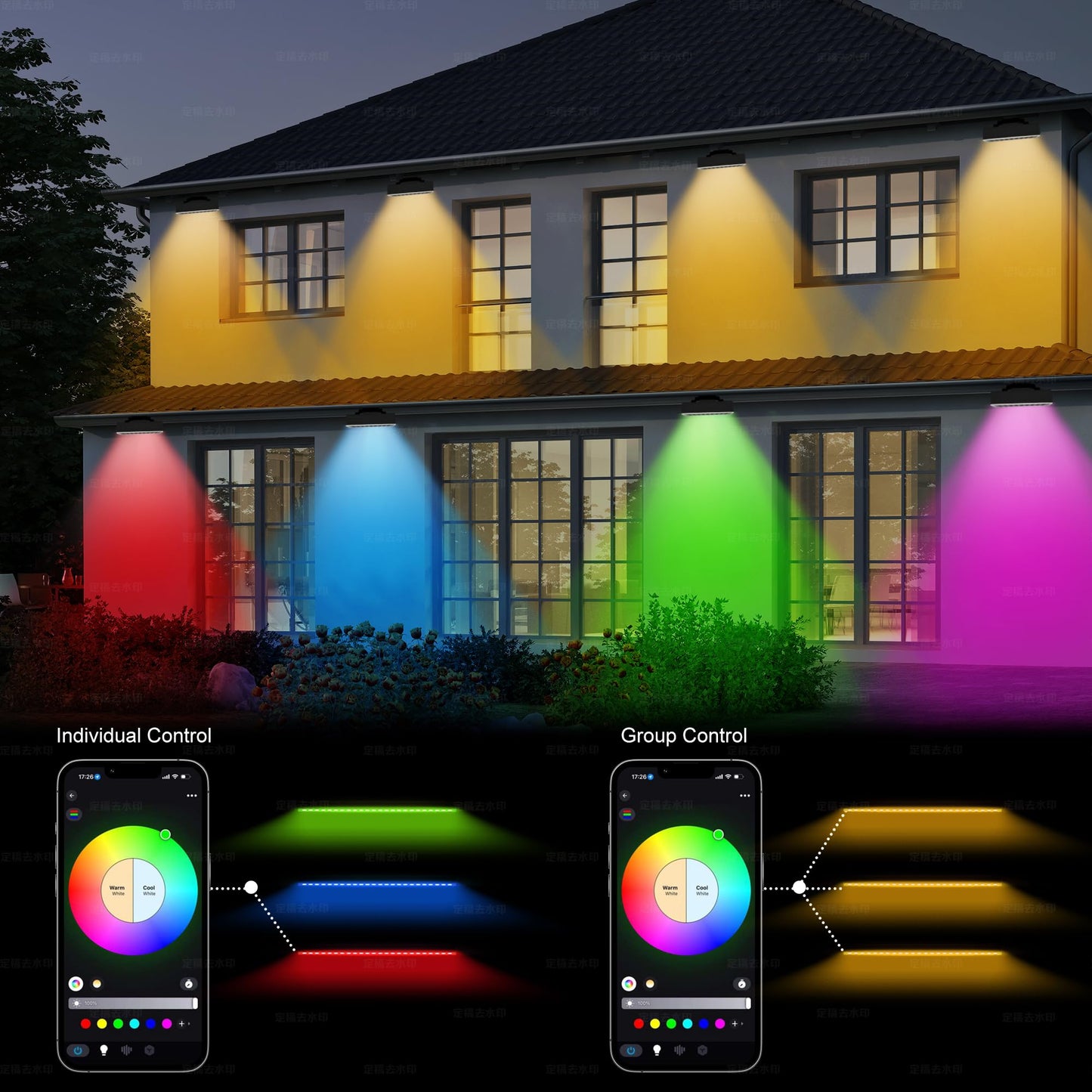 Jabbatek Party Lights Outdoor Smart Flood Light, 180W RGBCW Color Changing LED, 2700–6500K Tunable White, WiFi App & Voice Control, 50 Scenes, 1–100% Dimmable, IP65 Linkable Wall Washer Lights