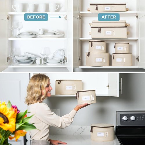 China Storage 12-Piece Hard Shell Container Set - Sturdy Dish Organizer for Dinnerware & Glasses - Beige