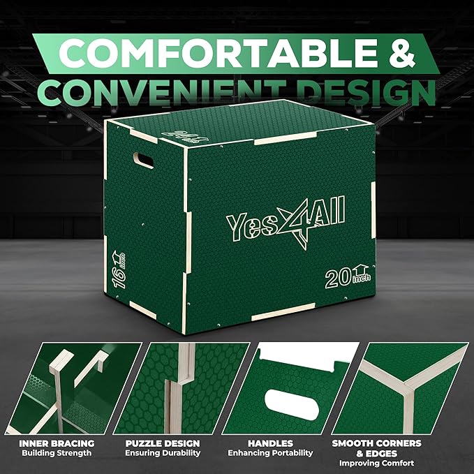 Yes4All 3 in 1 Non-Slip Wooden Plyo Box, Step Up Box for Workout, Plyometric Jump Box for Skipping, Jumping, Lunges, Squats, Dips