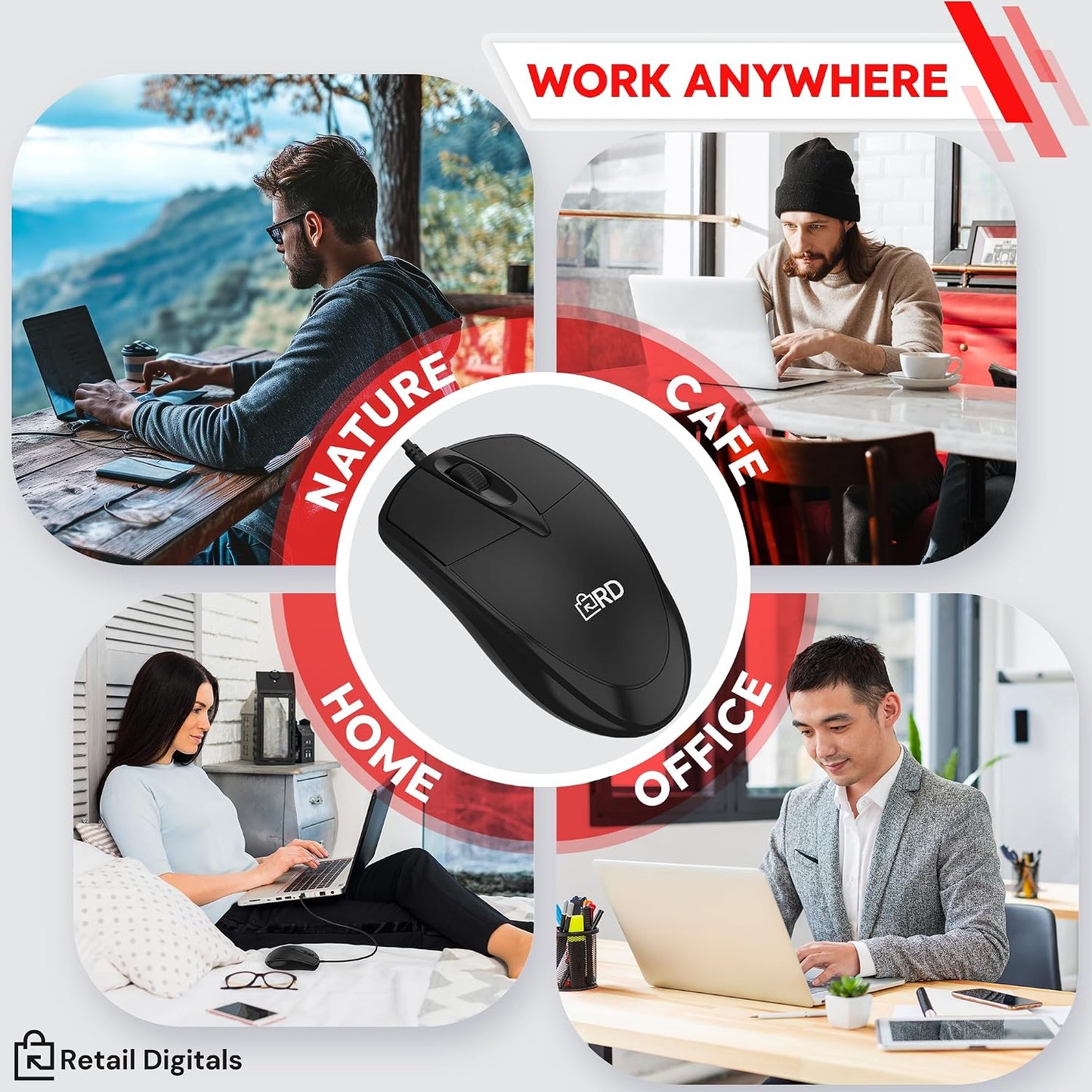 Retail Digitals 3-Button USB Wired Mouse | High-Precision Optical Tracking | Durable for Desktop & Laptop | Black