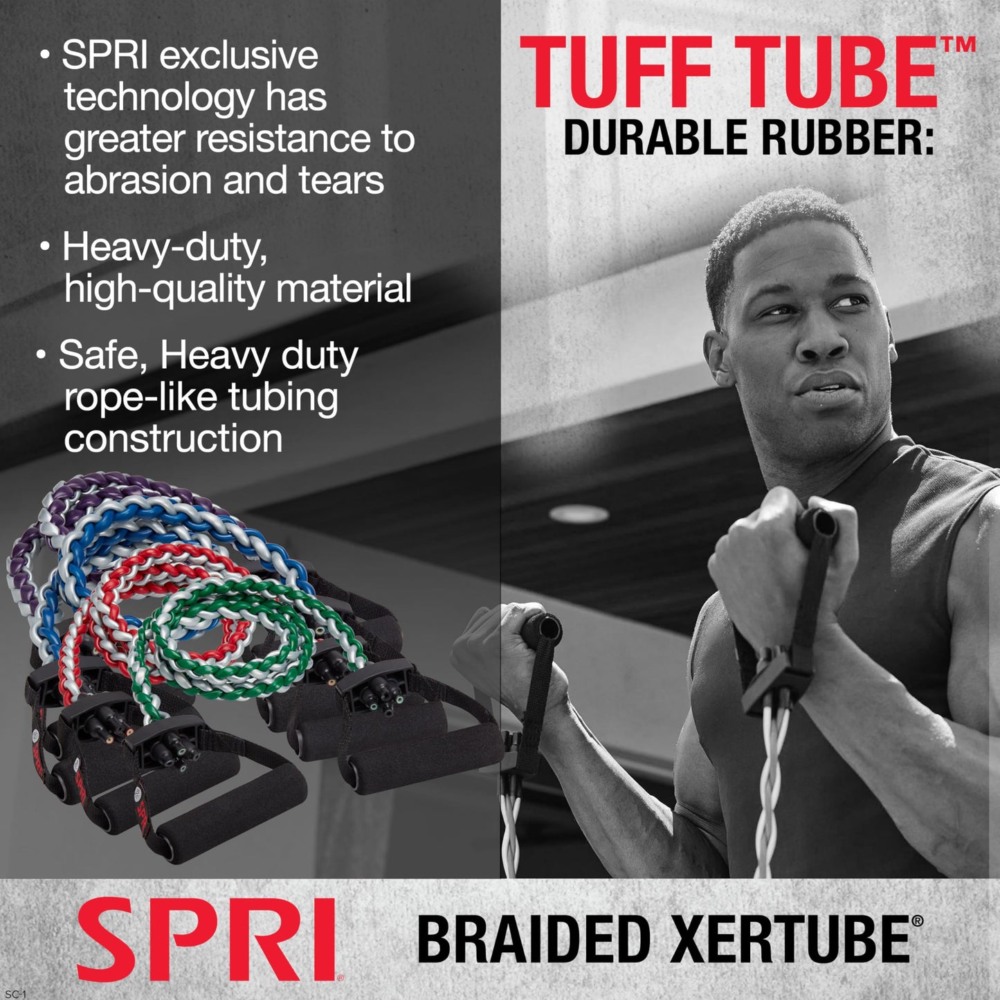 SPRI Braided Xertube Resistance Bands – Premium Exercise Band for Men & Women – Workout Equipment for Home Gym Fitness Training – Comfort Grip for Strength, Weights, and Resistance - Light