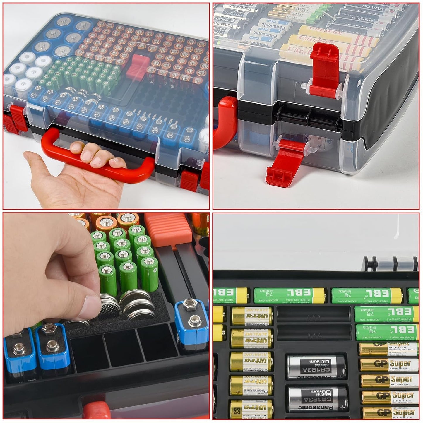 BT-168 269, 9V 18650 CR123A CR2 23A 4LR44 FULLCASE Double-Sided Battery Storage Organizer Case with Tester, Holds Fits