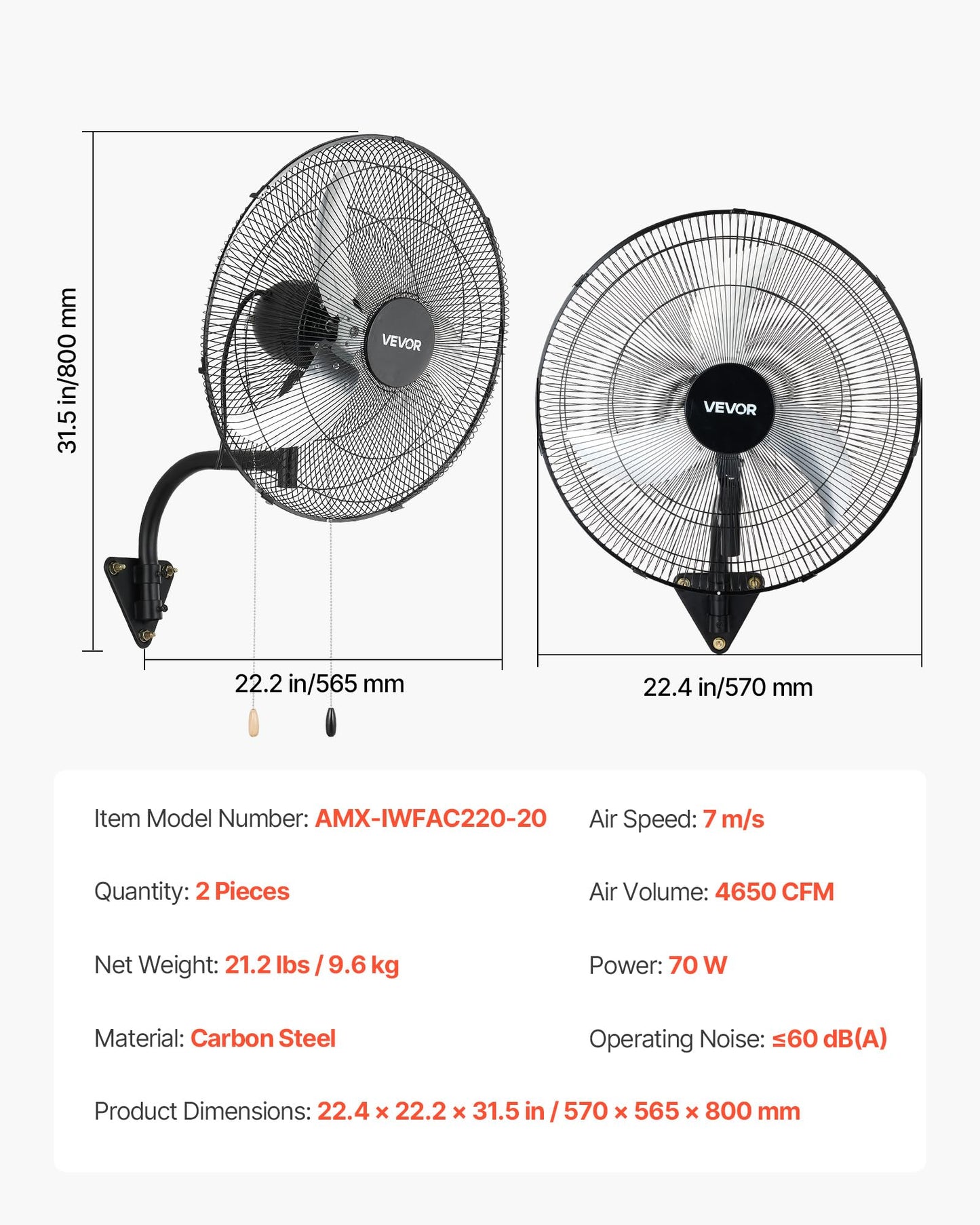 VEVOR Wall Mount Fan, 20 in Wall Mounted Hanging Fan Oscillating, 3-Speed, Long Airflow Distance, Adjustable Rotation Angle, Mechanical Powerful for Industry, Commercial, Garage, Workshop, Gym, 2 Pack