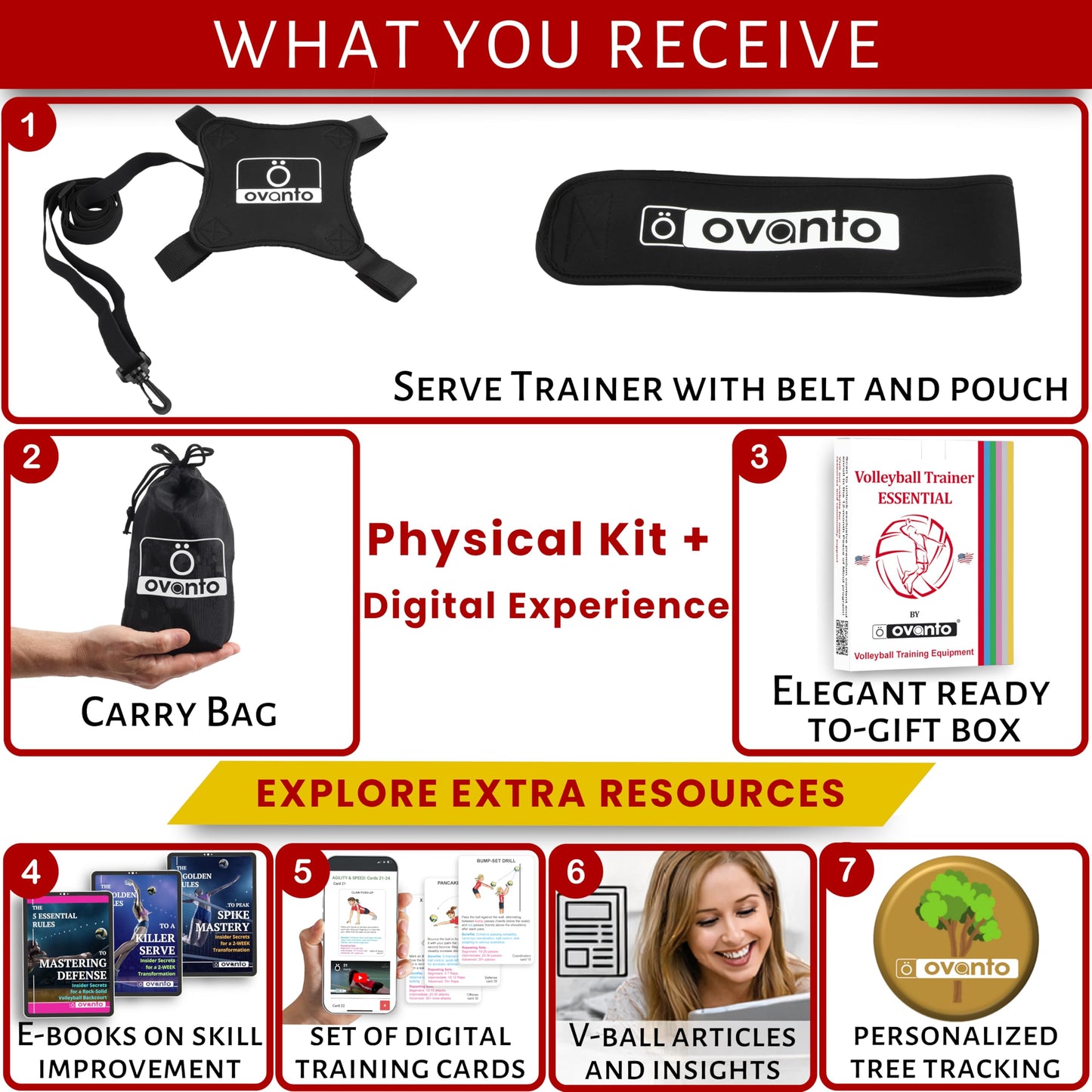 OVANTO Volleyball Training Equipment Aid – Adjustable Practice Volleyball Kit with Ultra-Stretch Neoprene, Exclusive Nylon Bag & Premium Content with Free ebooks, Best Gift for Beginners & Experts