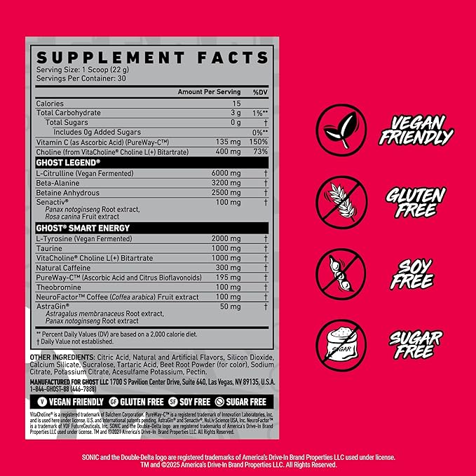 GHOST Legend Pre-Workout Powder, Sonic Cherry Limeade - 30 Servings ??Pre-Workout for Men & Women with Choline, L-Citrulline, & Beta Alanine for Energy & Focus