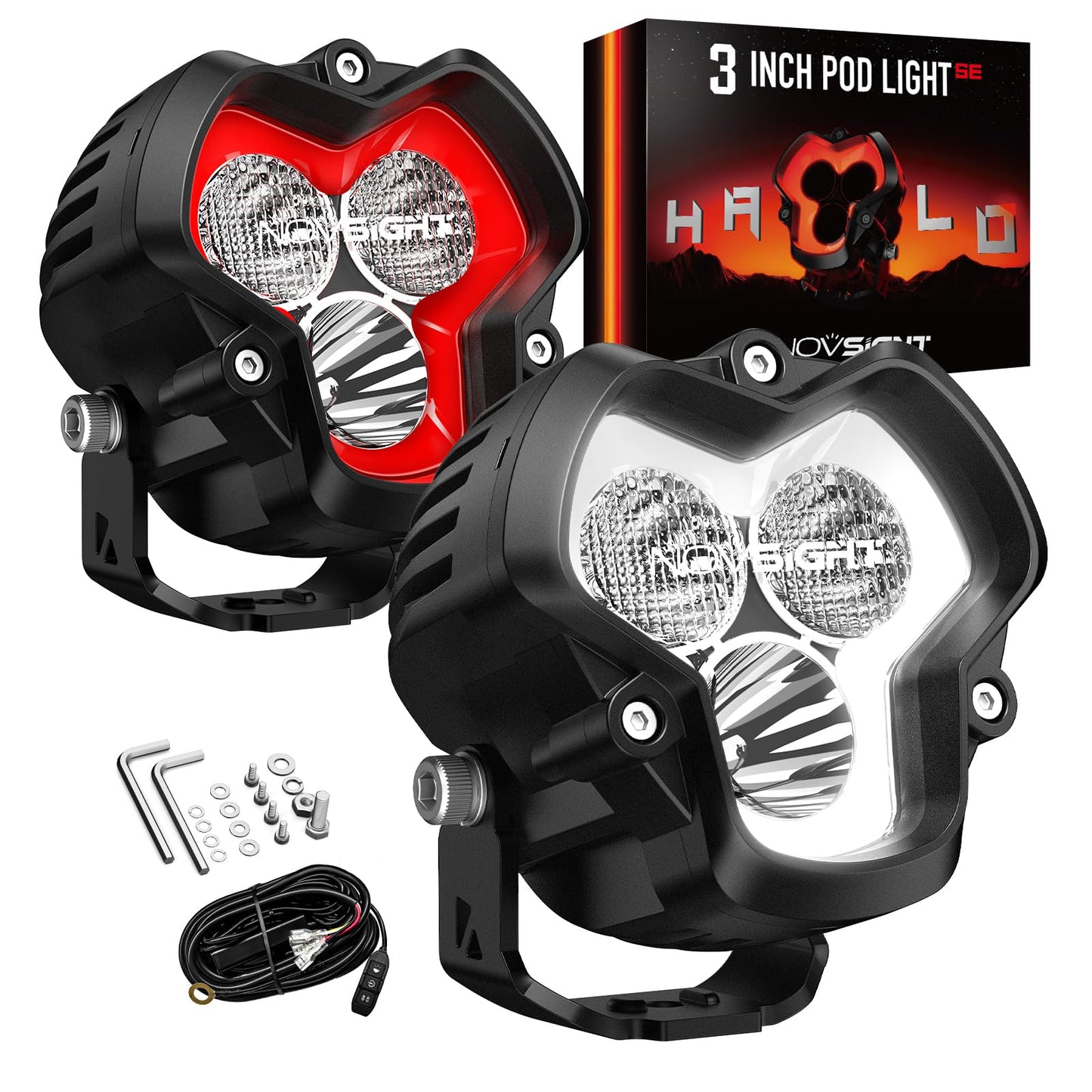 NOVSIGHT Offroad LED Pod Lights - Halo SE Series 3 Inch LED Spot Flood Beam with Red/White DRL, 120W Super Bright Off Road Cube Light for Truck Jeep Pickup Ford ATV, Pair(Red Dot Award 2025 Winner)