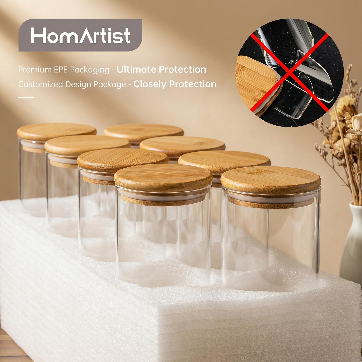 HomArtist 21oz - 4 Pack Glass Jars with Bamboo Lids, Glass Food Storage Containers with Airtight Lids, Air Tight Pantry Storage Containers for Coffee, Sugar, Spice, Meal Prep Jars for Salad & Fruit