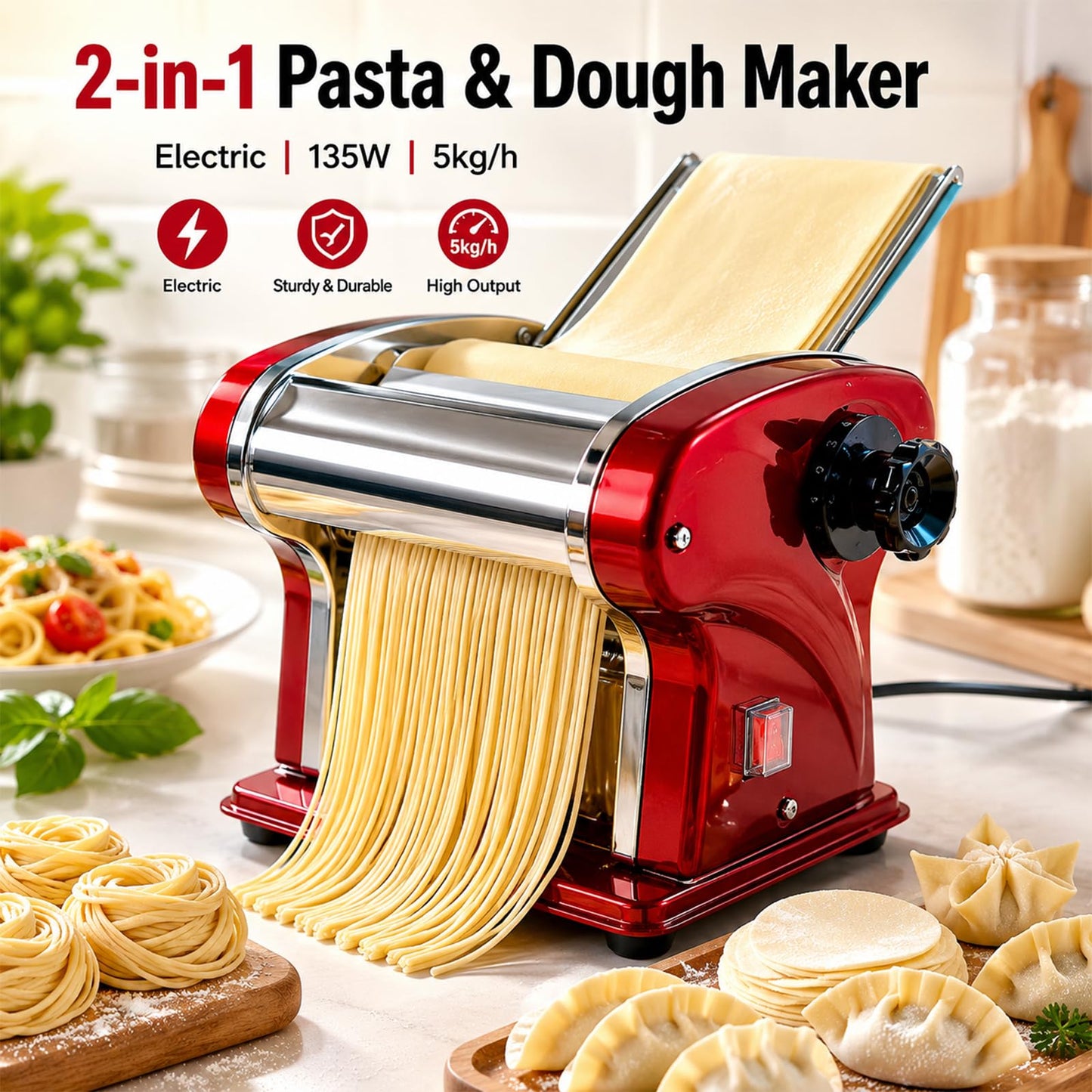 SHILINTONG Electric Pasta Noodle Maker Machine, Built-in 2.5 mm Blade, Dough Width 14 cm, 0.3-4 mm Adjustable Thickness, Output 5Kg/H for Home & Commercial Use
