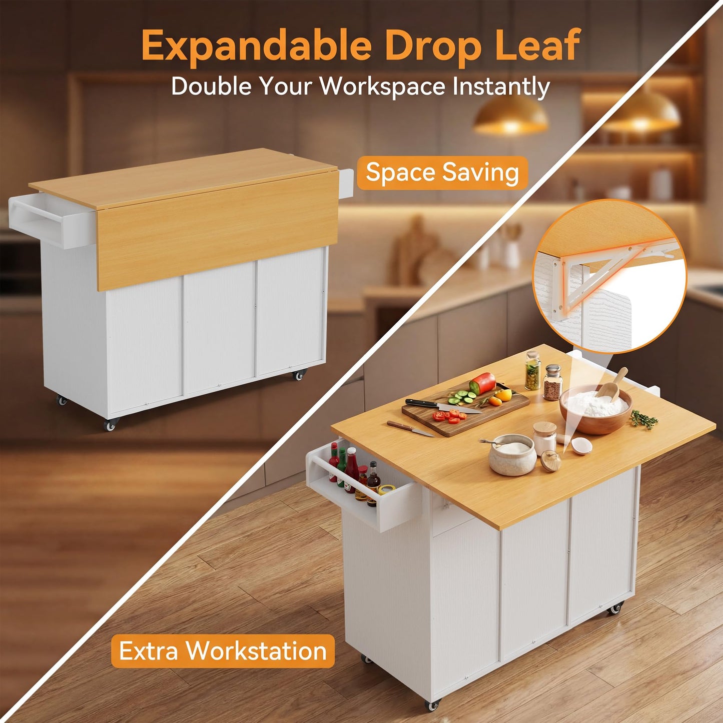 YESHOMY 56" Kitchen Island with Trash Can Storage, Drop Leaf Kitchen Island with Storage, 2 Drawers, 5 Wheels, Spice Rack & Towel Holder, White and Yellow Oak