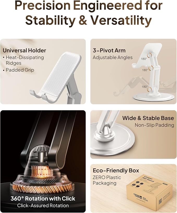 COOPER 360° Stand, Rotating Cell Phone Stand for Desk | Sturdy Metal Base, Foldable, Portable | Cell Phone Holder for Desk (Cream White)