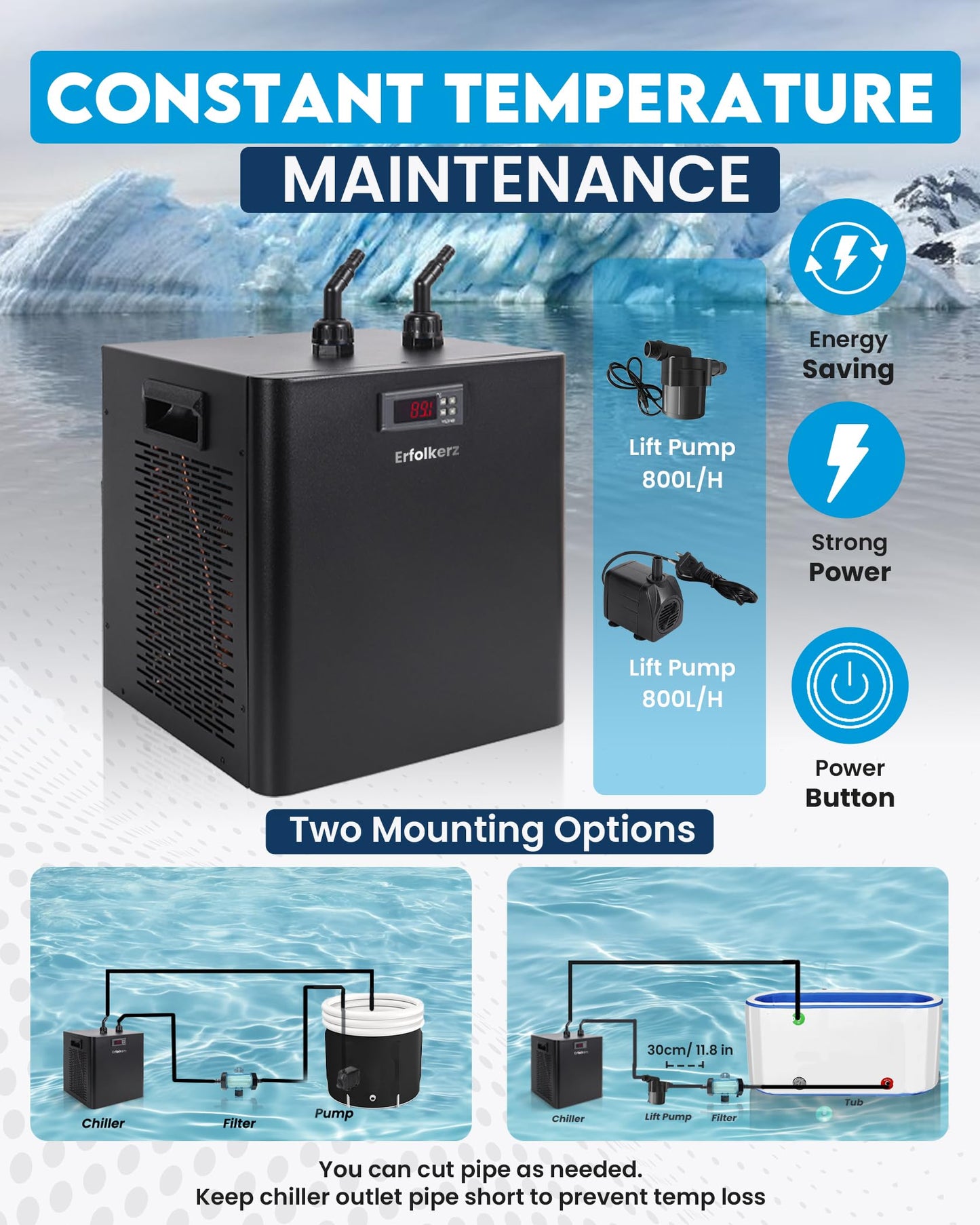 Erfolkerz 1/3 HP Cold Plunge Chiller,79gal 300L,Water Chiller for Ice Bath,Water Cooler with Complete Chiller Kit - 2 Ice Bath Chiller Pumps,Filter,Nozzles & Hoops,Hoses