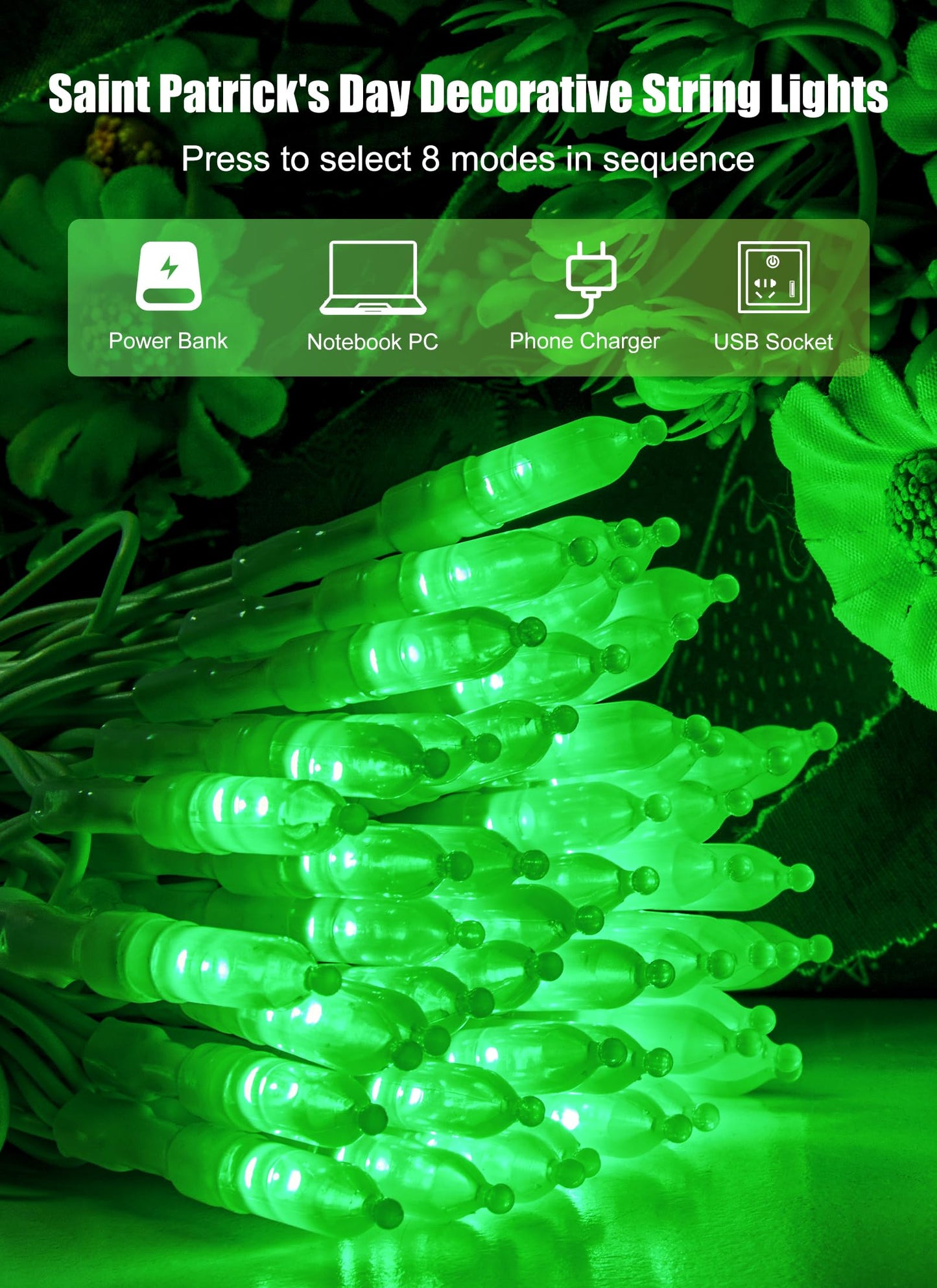 Minetom Green String Lights - 100 LED Mini Lights, 39 Feet, USB Operated, Waterproof for Indoor Outdoor Decor