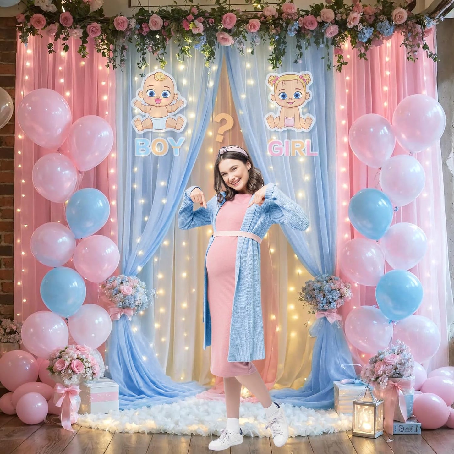 Suppromo 2 58ft Pink Blue Sheer Tulle Backdrop Curtains with Lights String for Gender Reveal Baby Shower Decorations