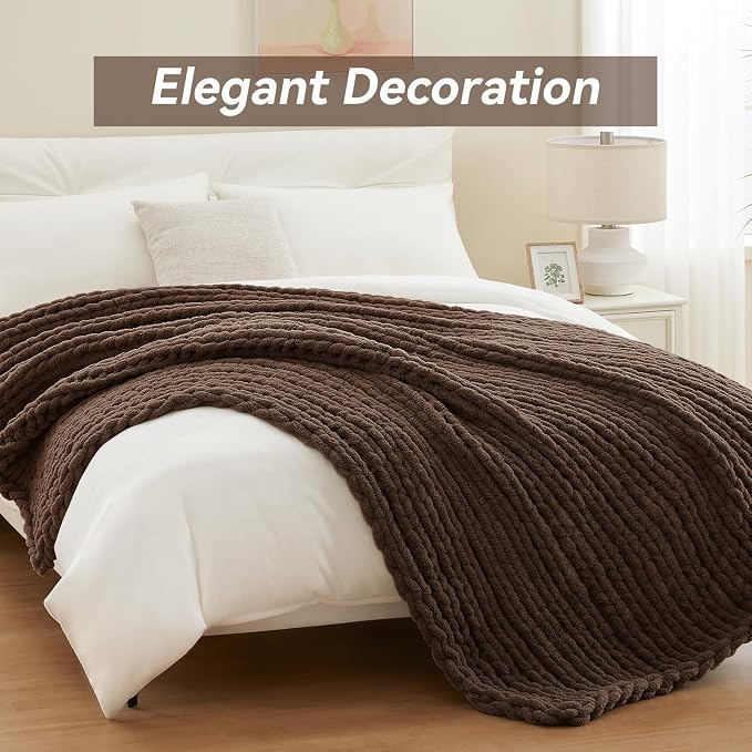 Negwoo Chunky Knit Throw Blanket, 60''*80'' Knitted Throw Chenille Yarn for Bed Couch, Handmade Dark Brown Crochet Big Thick Blanket, Machine Washable Cute Comfy Blanket for Home Decor