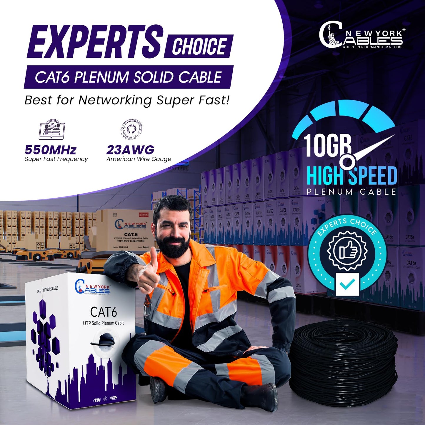 NewYork Cables | CAT6 Plenum Cable 1000ft | 23AWG, UTP 4Pairs, 550MHz 10Gbps Most Certified (CMP) Rated | Fire-Resistant | Bulk Cat 6 Ethernet Cable for Networking (1000ft, Solid Conductor, Black)