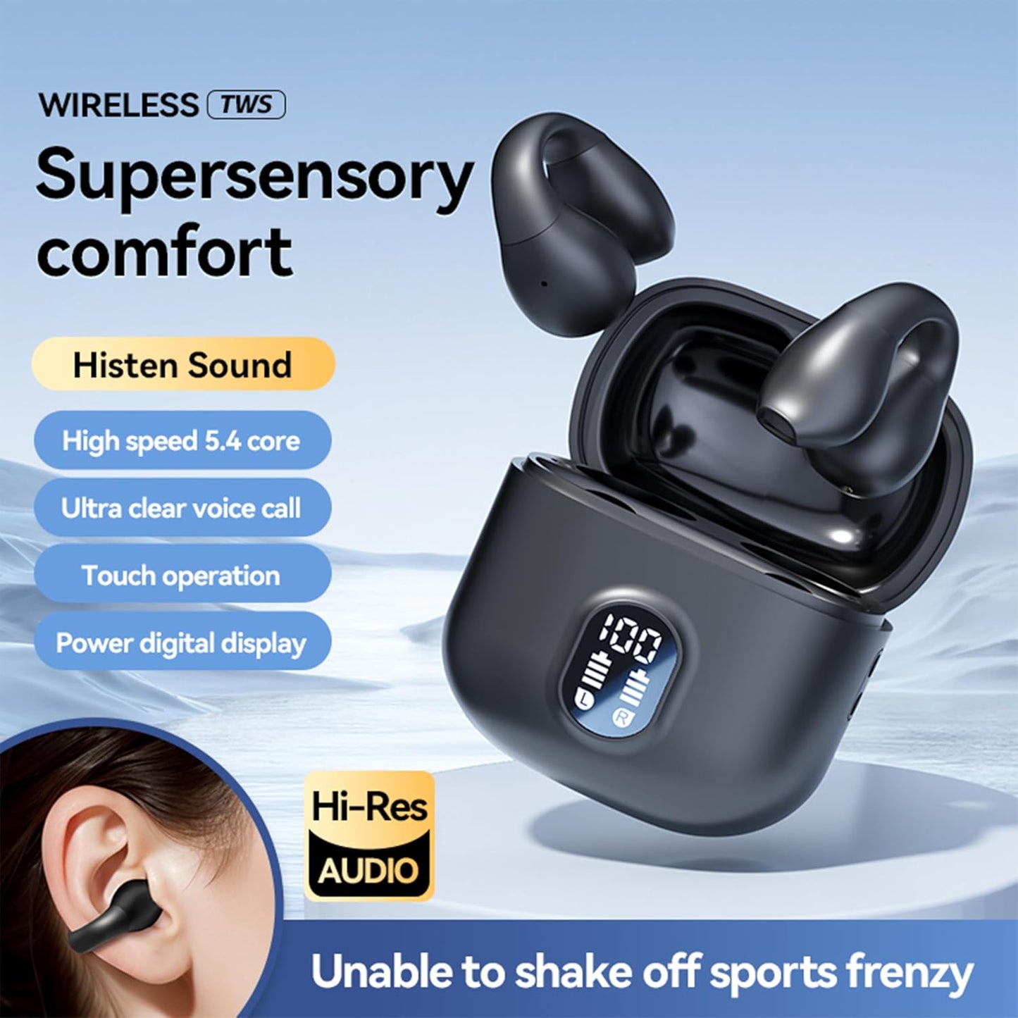 5.4 Clip on Earbuds Open Ear Earbuds Wireless Bluetooth Headphones LED Power Display Earphones with Wireless Charging