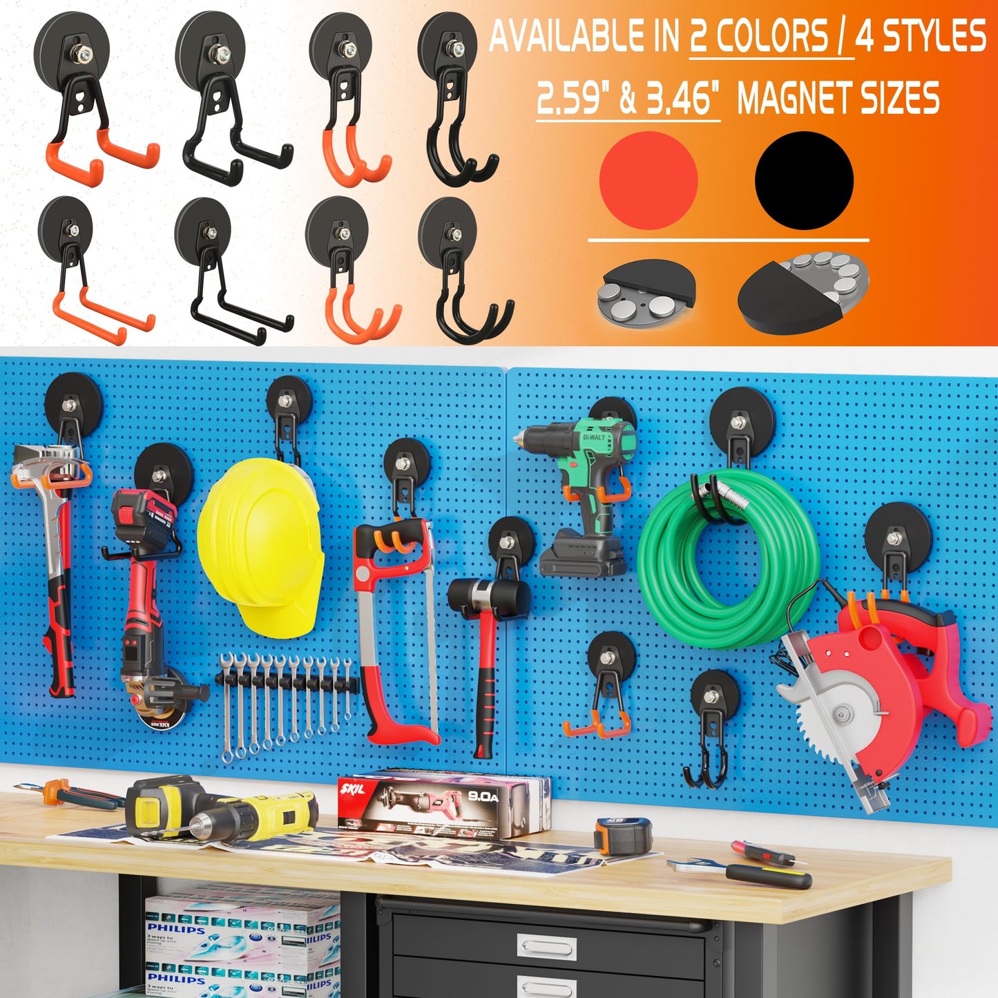 ULIBERMAGNET New Upgraded Large Magnetic Hooks,Strong Heavy Duty Magnet Hooks for Power Drill,Broom,Garden Tools, Pegboard, Garage, Workshop,Hardware, 3 Pack Magnet Storage Holder for Hanging(Black)