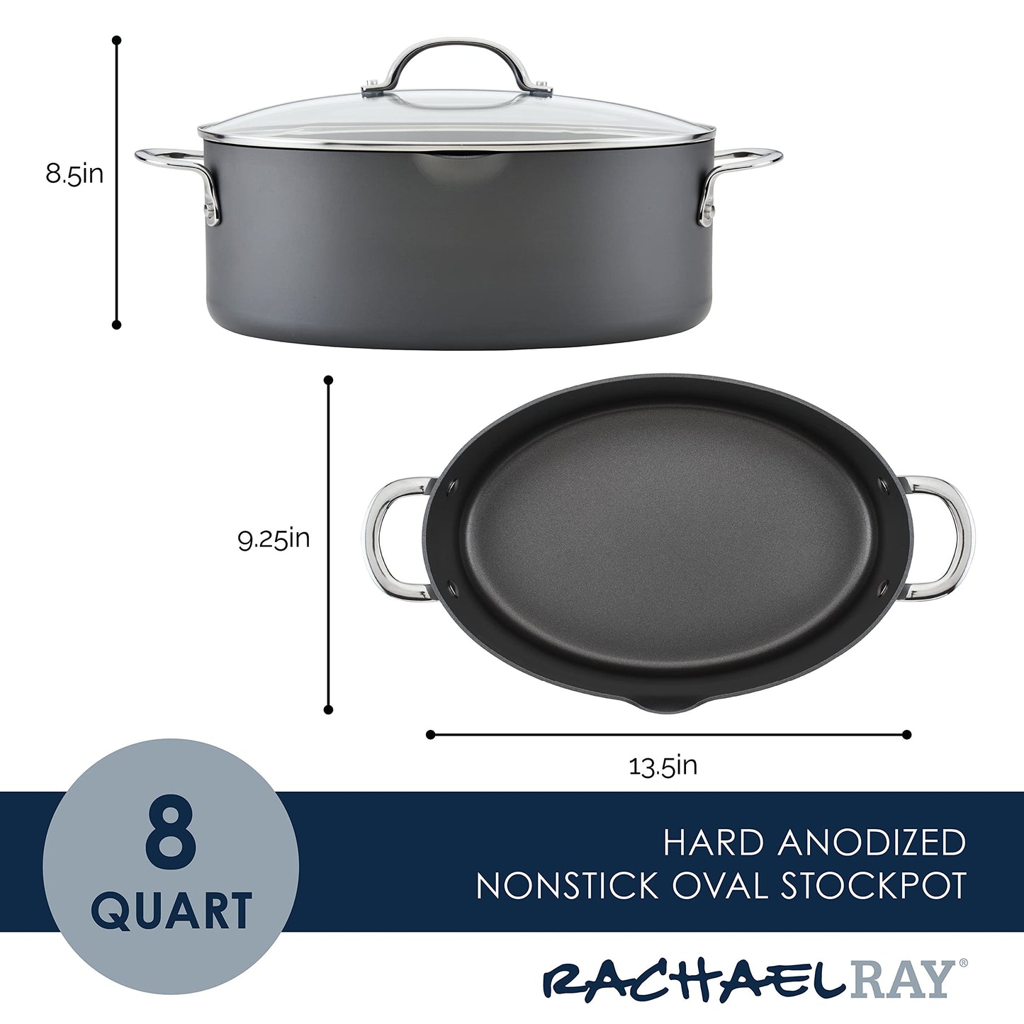 Rachael Ray 80090 Professional Hard Anodized Nonstick Cookware Oval Pasta Pot/Braiser, 8 Quart - Gray