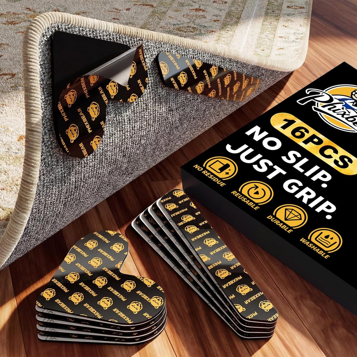 PHIXBEAR Rug Tape - 16 Pcs Reusable & Washable Anti-Slip Pads for Hardwood & Tile Floors | Residue-Free, Keeps Rugs Flat