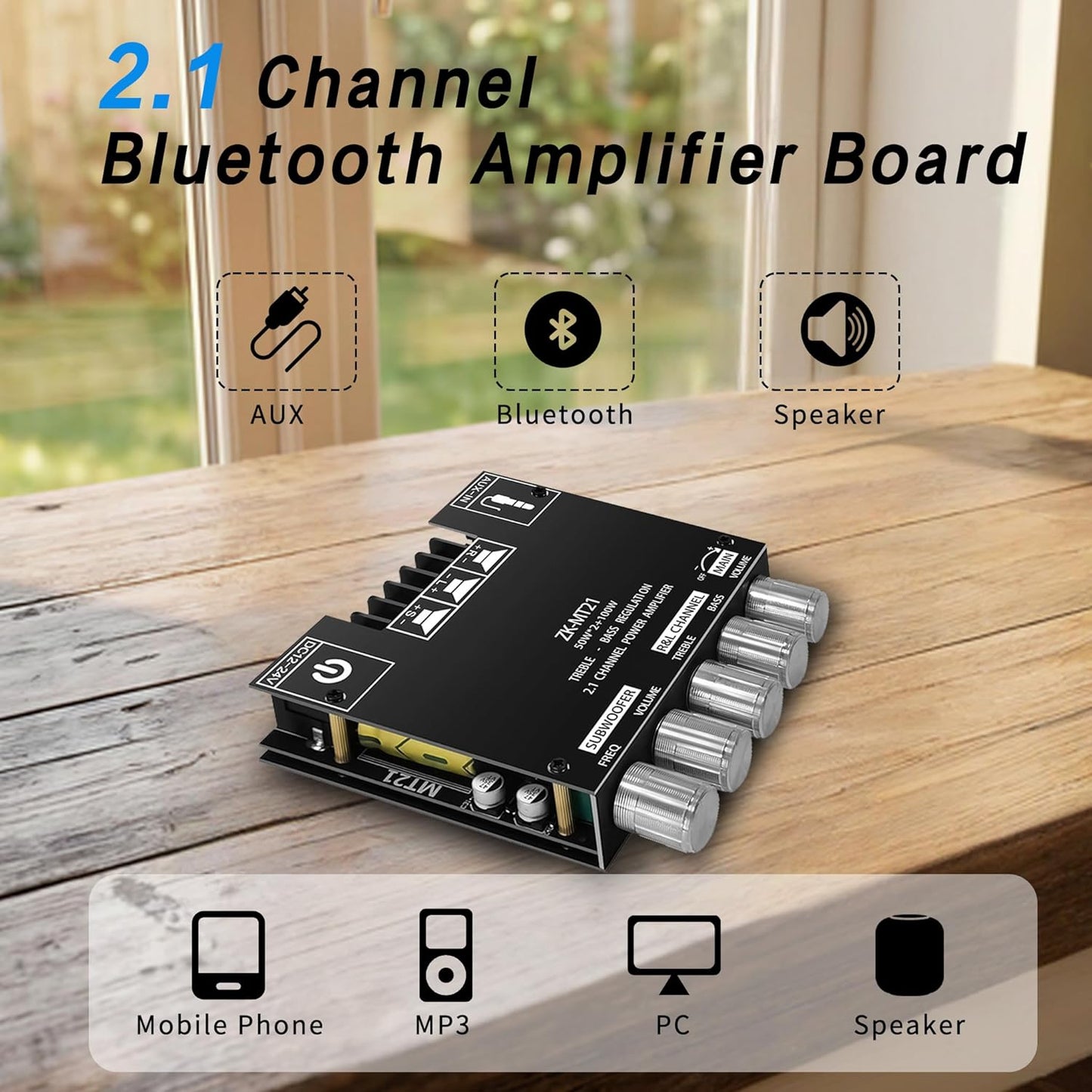 ZK-MT21 2.1 12V-24V Channel Bluetooth Amplifier Board Mini Audio Receiver with Subwoofer Output, Bass Treble Control