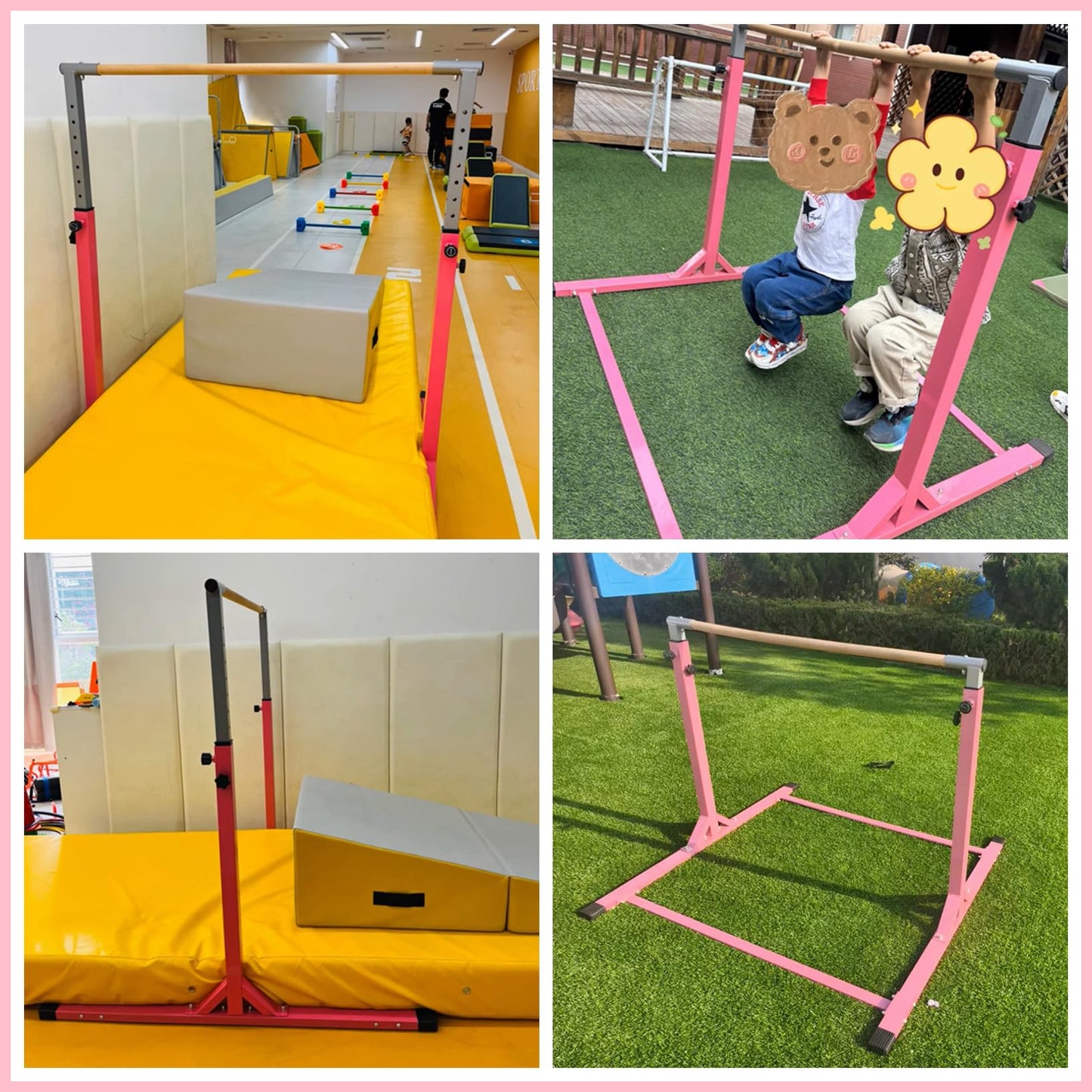 MEKETUM Gymnastic Kip Bar for Kids Training Horizontal Bars for Home Ages 3-15 Adjustable Height Non-Slip Gym Equipment Indoor with Rings