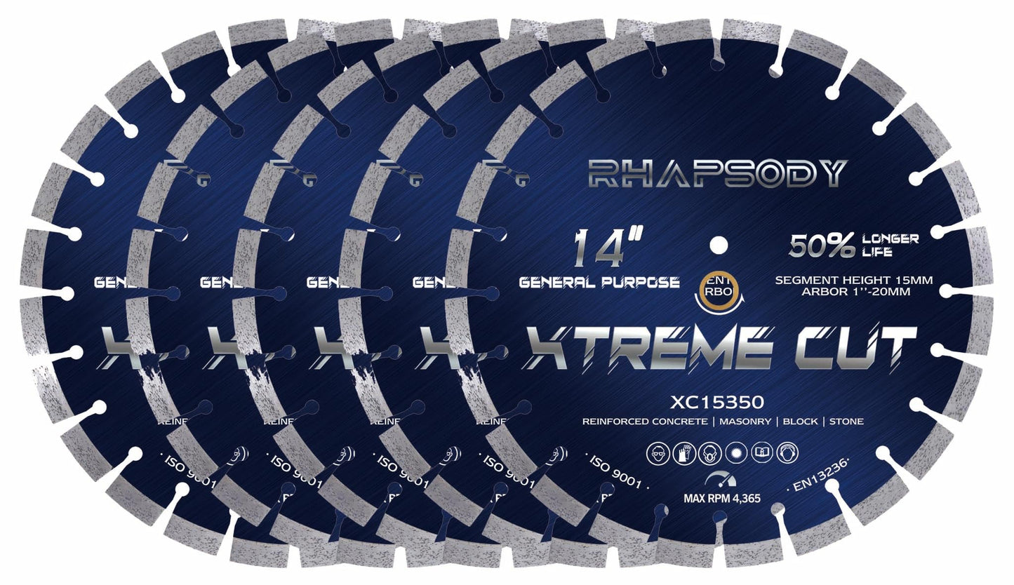 RHAPSODY 14 Inch Diamond Saw Blade 5Pcs, Segmented General Purpose for Dry/Wet Cutting Concrete, Reinforced Concrete, Masonry, Brick, Block - 1"-20mm Arbor