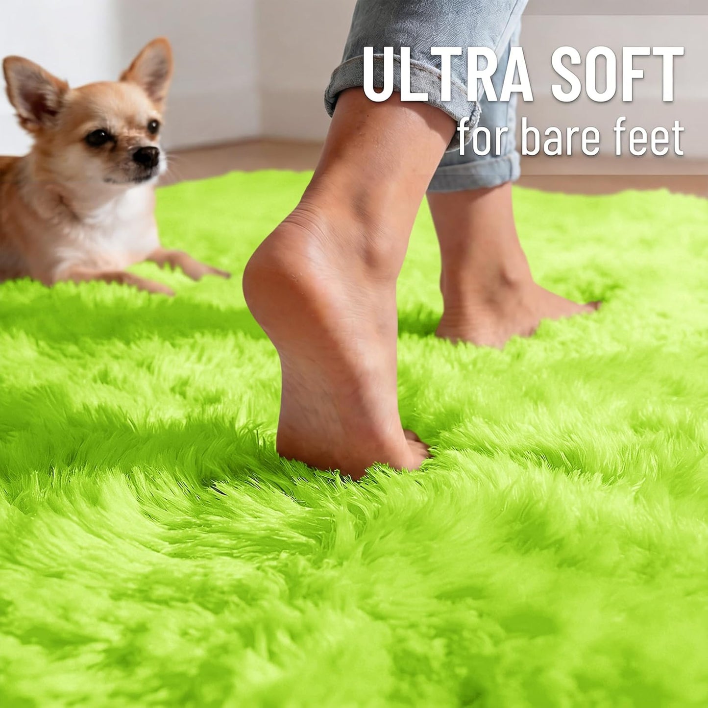 OLANLY 3x5 Machine Washable Bedside Rug - Soft Fluffy Shaggy Carpet for Kids & Nursery | Lime Green