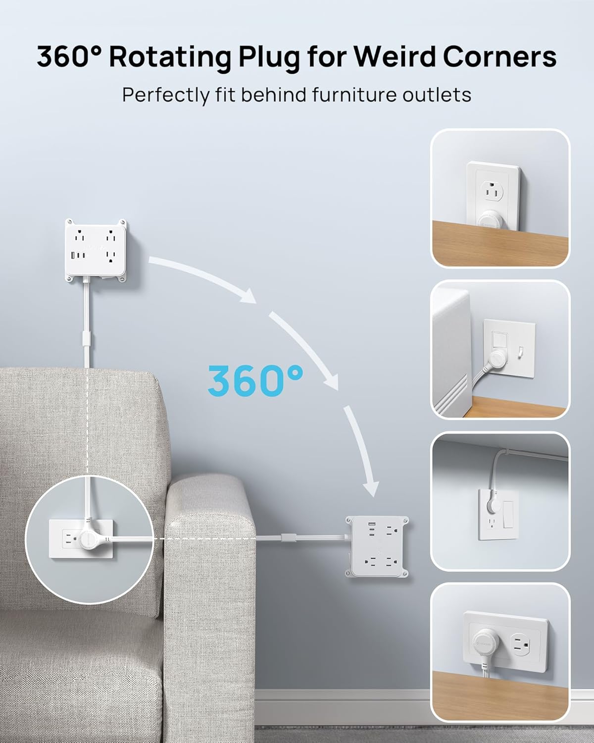 TROND 360 1.5FT 3 2 Rotating Plug Outlet Extender, Short Extension Cord, AC Electrical Extendable Outlet with USB C