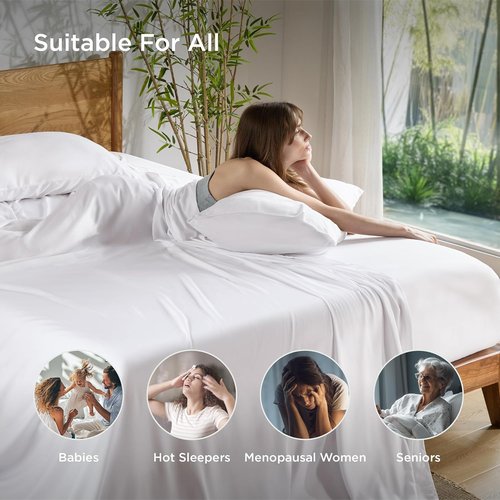 Bedsure Cooling Bed Sheets - Soft Rayon from Bamboo | Deep Pocket Up to 16" | Hotel Luxury White