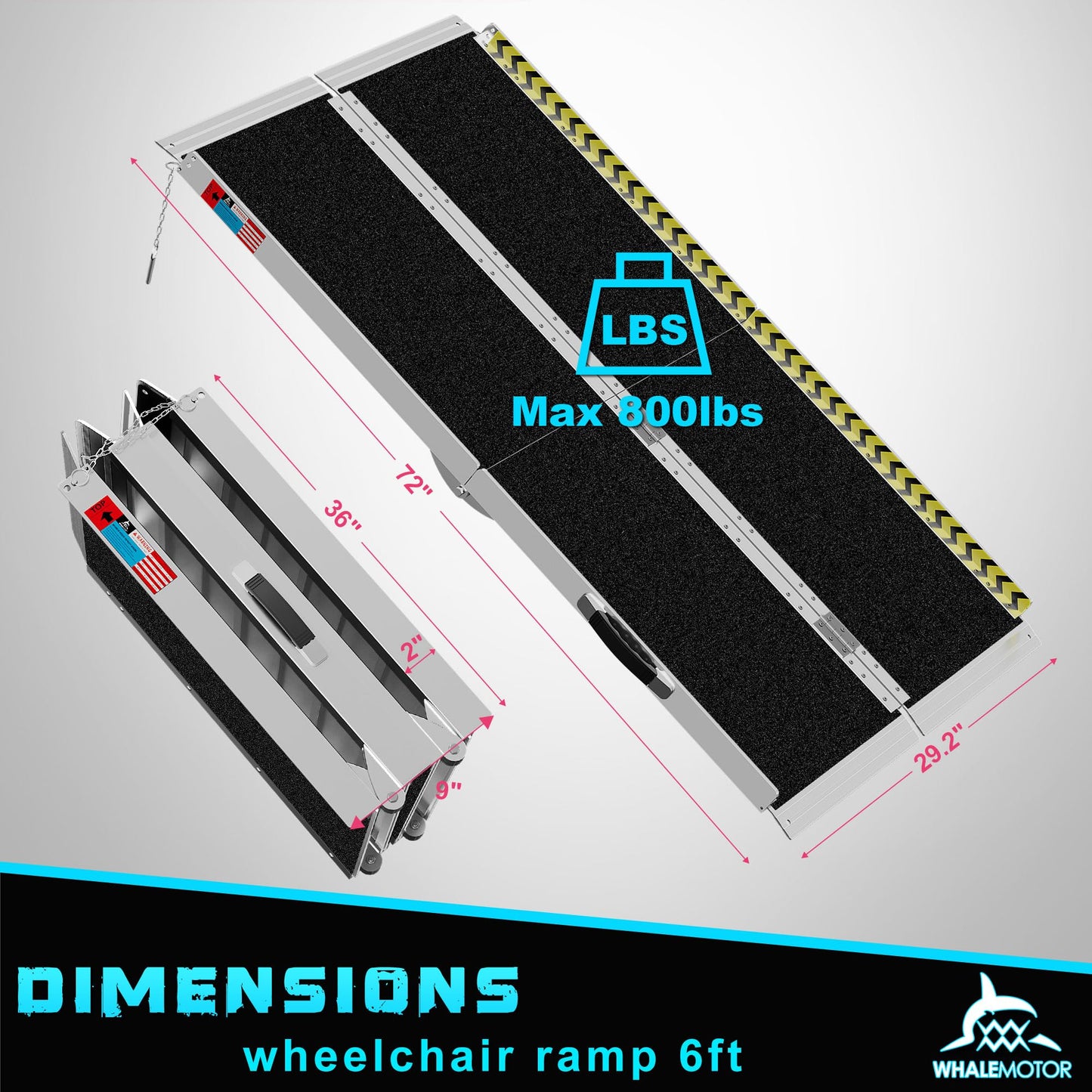 WHALEMOTOR Portable Wheelchair Ramp 6FT, Anti-Slip Aluminum Folding Portable Ramp, Wheelchair Ramps for Home, Weight Capacity Up to 800 LBS, with Transition Plates Above and Below, Loading Dock Plates