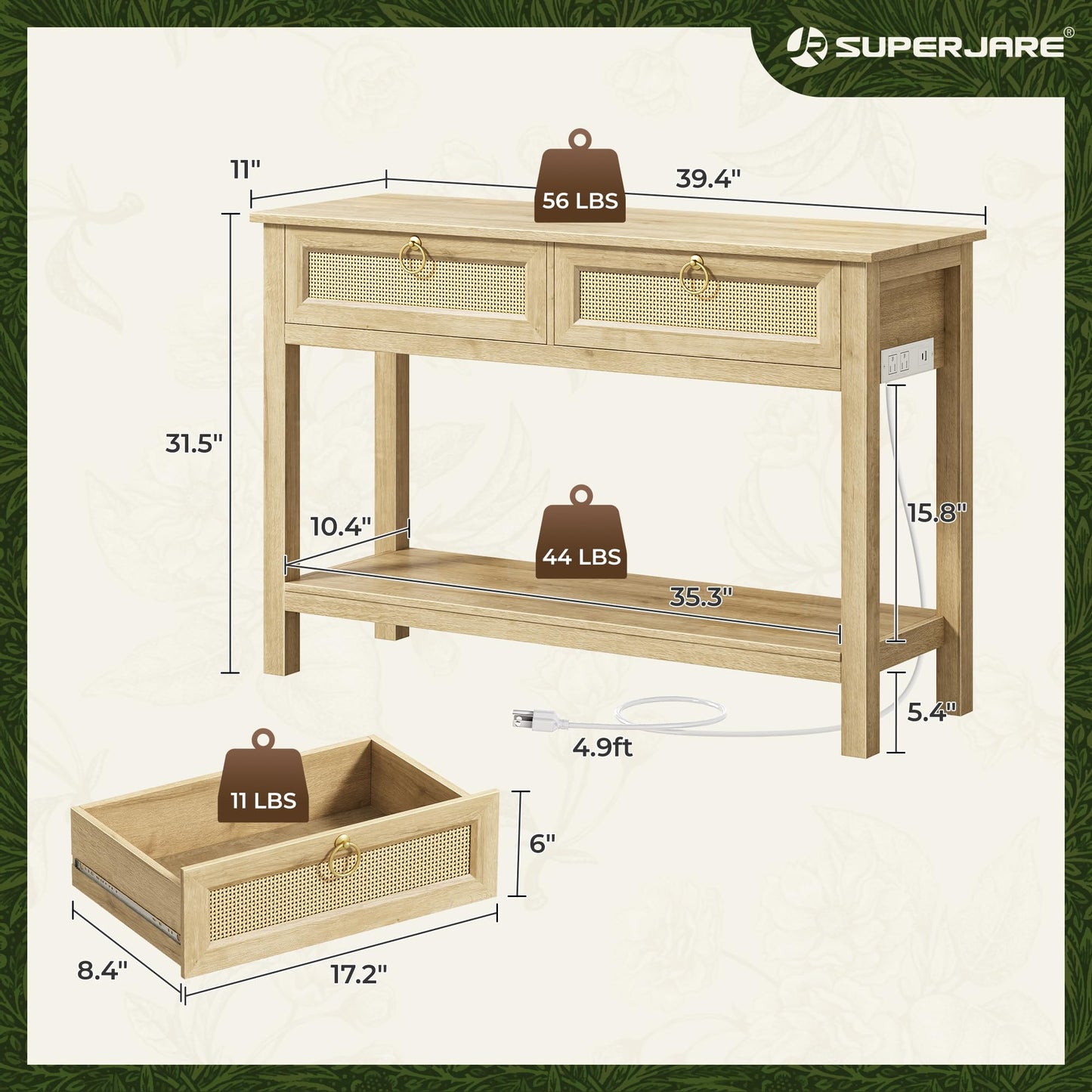SUPERJARE Rattan Console Sofa Table with Outlets and USB-C Port, 2 Drawer Entryway Table with Synthetic Rattan Surface, 39 Inch, Open Shelf, Behind Couch Entry Foyer Hallway Storage, Natural