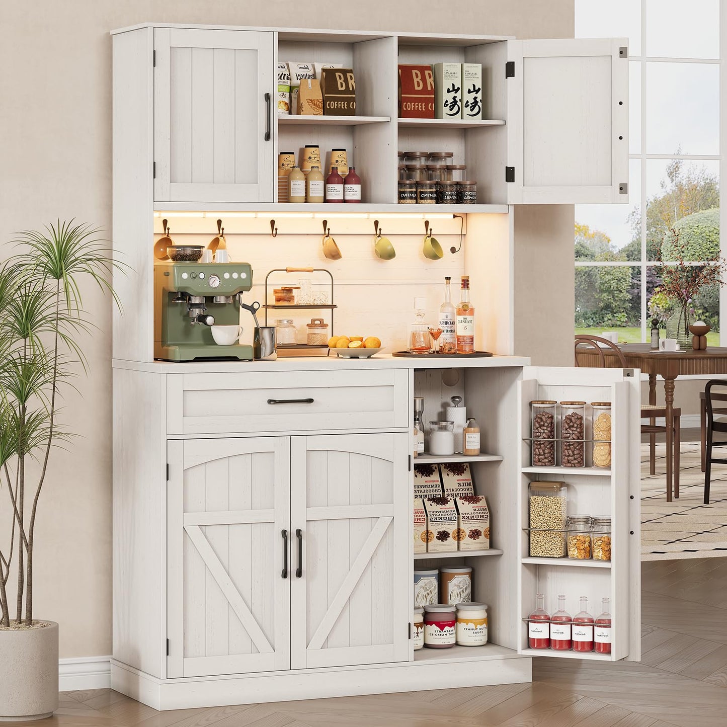 Tall Pantry Cabinet with Charging Station, Kitchen Pantry Storage Cabinet with LED Light & Microwave Stand, Kitchen Hutch with Storage Drawer & Door Shelf for Living Room, Dining Room, Off White