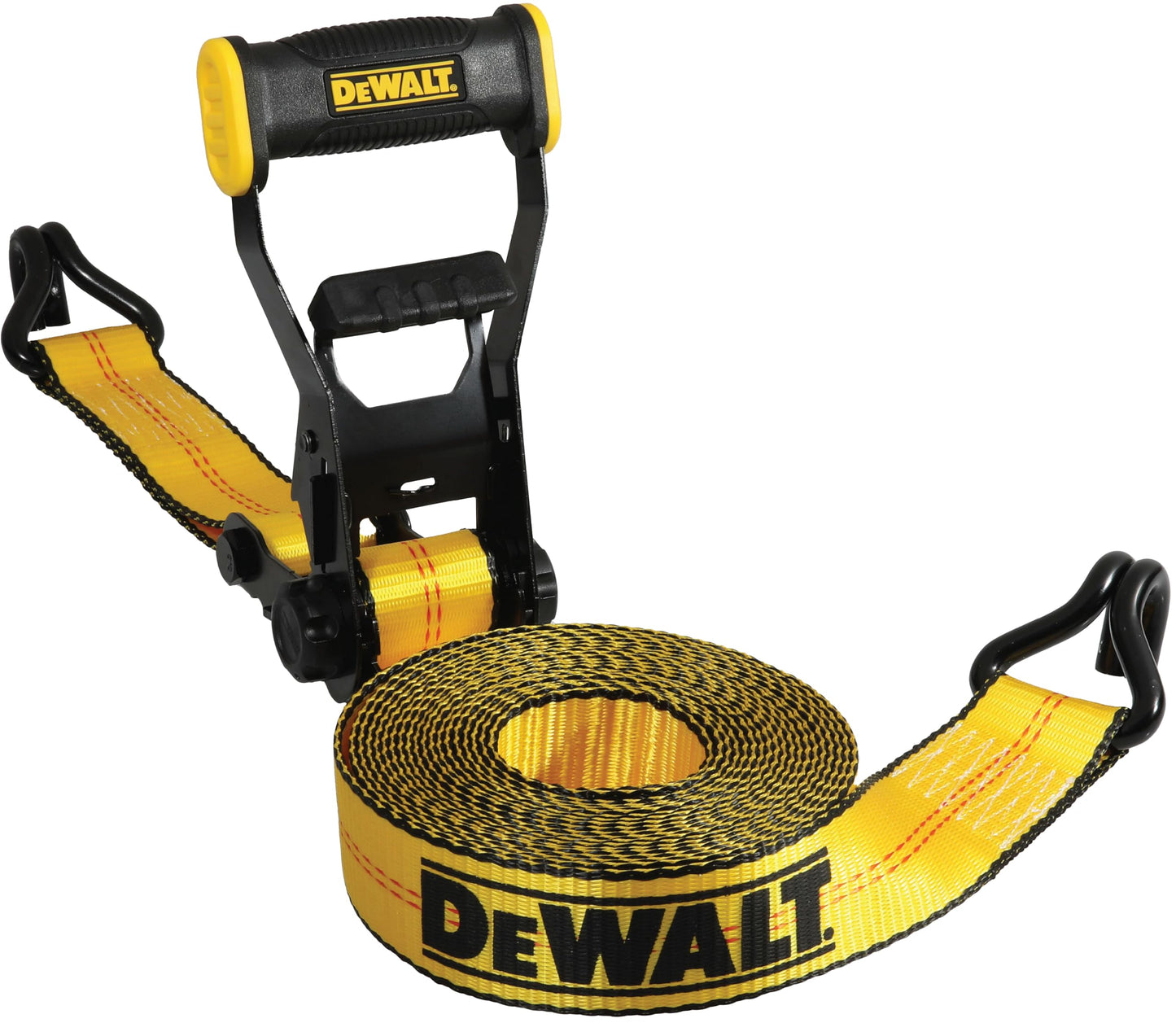 DEWALT DXBC10000J-6PK Black/Yellow 2" x 27' Ratchet Tie Down Straps with Double J-Hooks - Heavy-Duty Cargo Hauling (10,000 lb Break Strength), 6 Pack