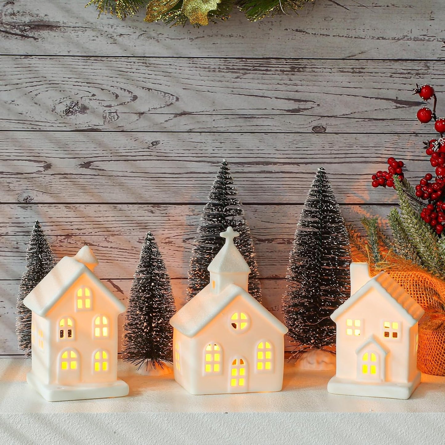 Skiennix 7PCS Christmas Village Set - LED Lighted Ceramic Houses & Decorative Trees | Remote Control Candles