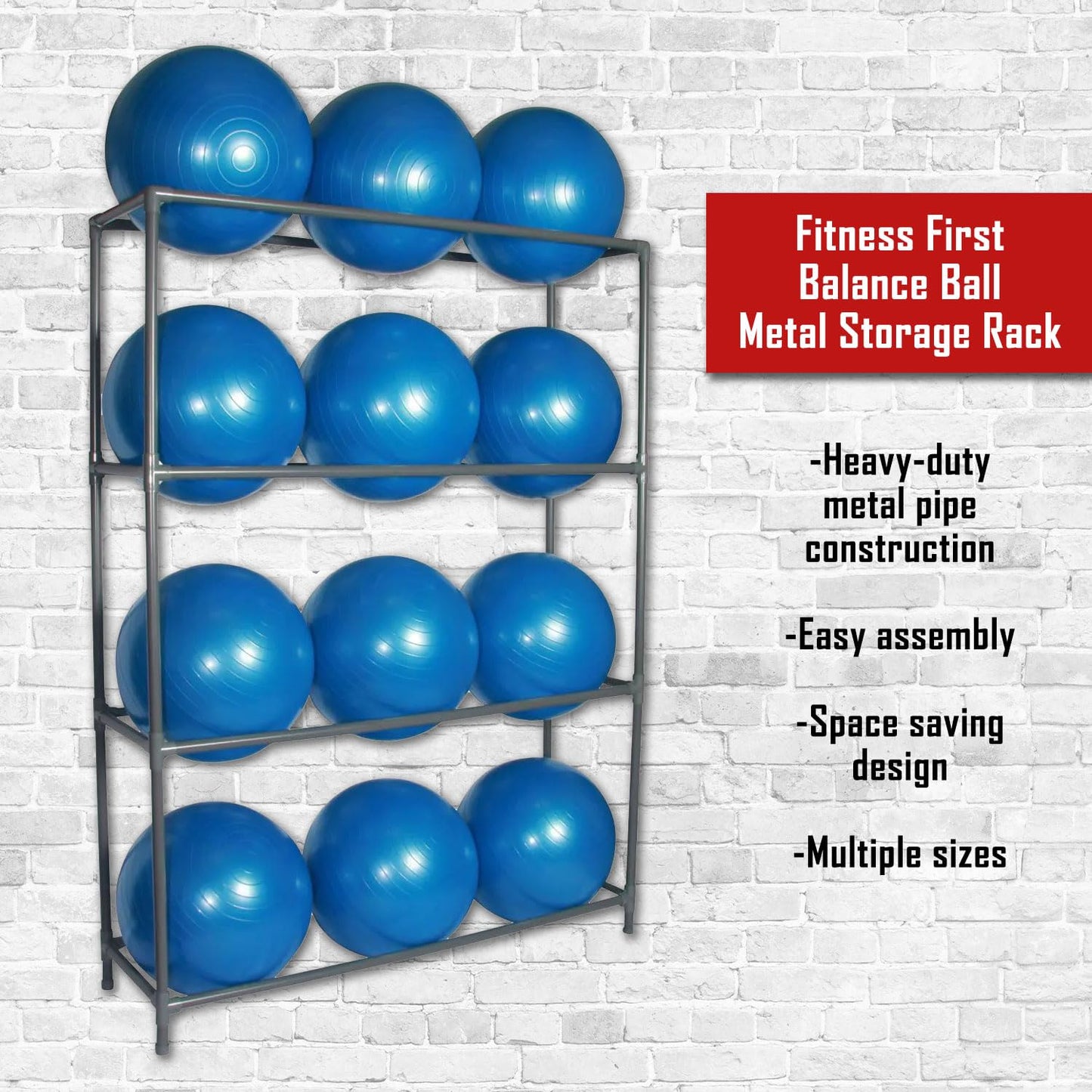 Fitness First Balance Ball Metal Storage Rack – Heavy-Duty Metal Pipe Construction, Easy Assembly, Stable Design – Holds 9 Exercise Balls for Gym or Studio Organization