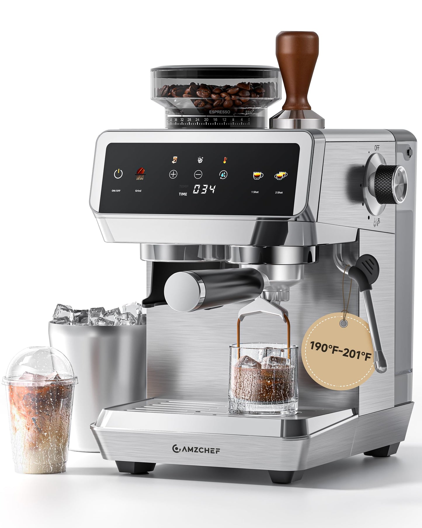 AMZCHEF Espresso Machine With Grinder, 44 Grind Settings 20 Bar Coffee Machine