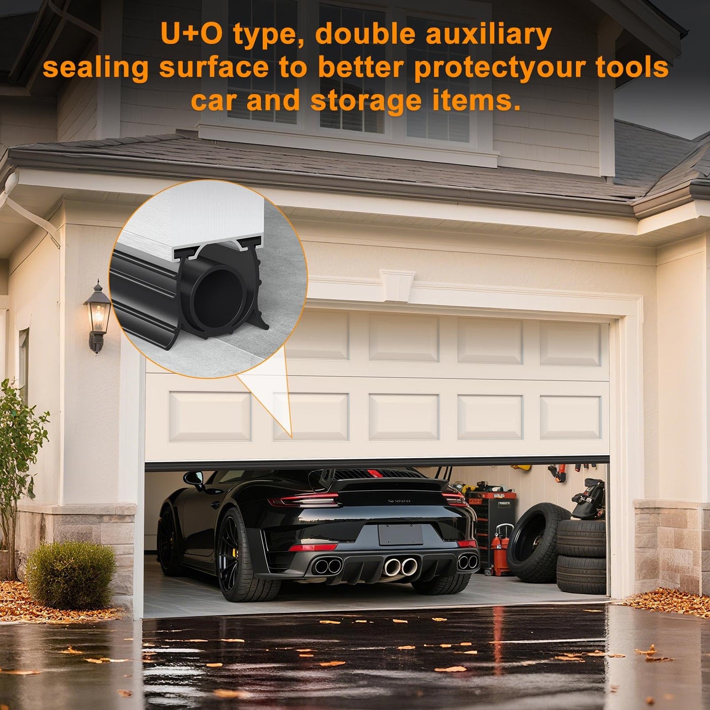 Garage Door Seals Bottom Rubber, with Aluminum Track Retainer Kit, 3-Sided Weatherproof Seal, Three Layers of Protection Available, Garage Door Bottom Seal 16 Ft, Easy to Install (Black)
