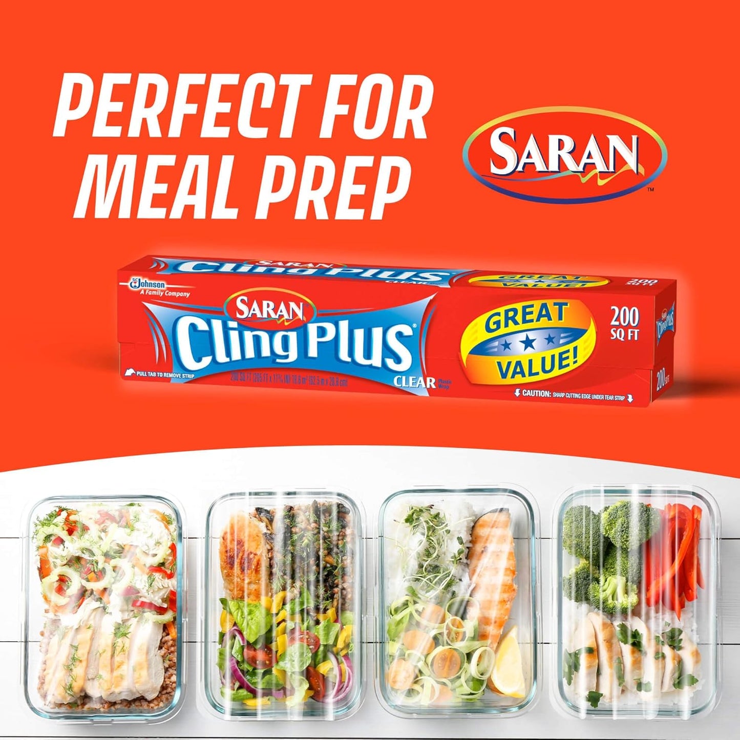 Saran Cling Plus Clear Plastic Wrap - Easy Dispense Food Storage, 200 Sq Ft Roll
