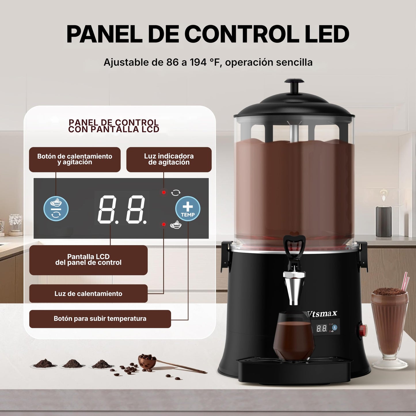 Vtsmax 10L/2.6Gal Hot Chocolate Machine, Commercial Hot Drink Dispenser, 86–194°F Temperature Control Beverage Warmer with Stainless Steel Spout, Removable PC Bowl for Cocoa, Milk, Coffee, Black