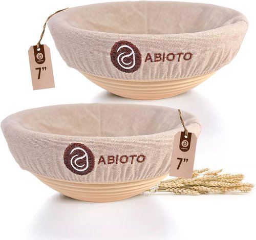 ABIOTO Bread Proofing Baskets - Set of 2 Round 7" Banneton Baskets with Liners for Perfect Sourdough Baking