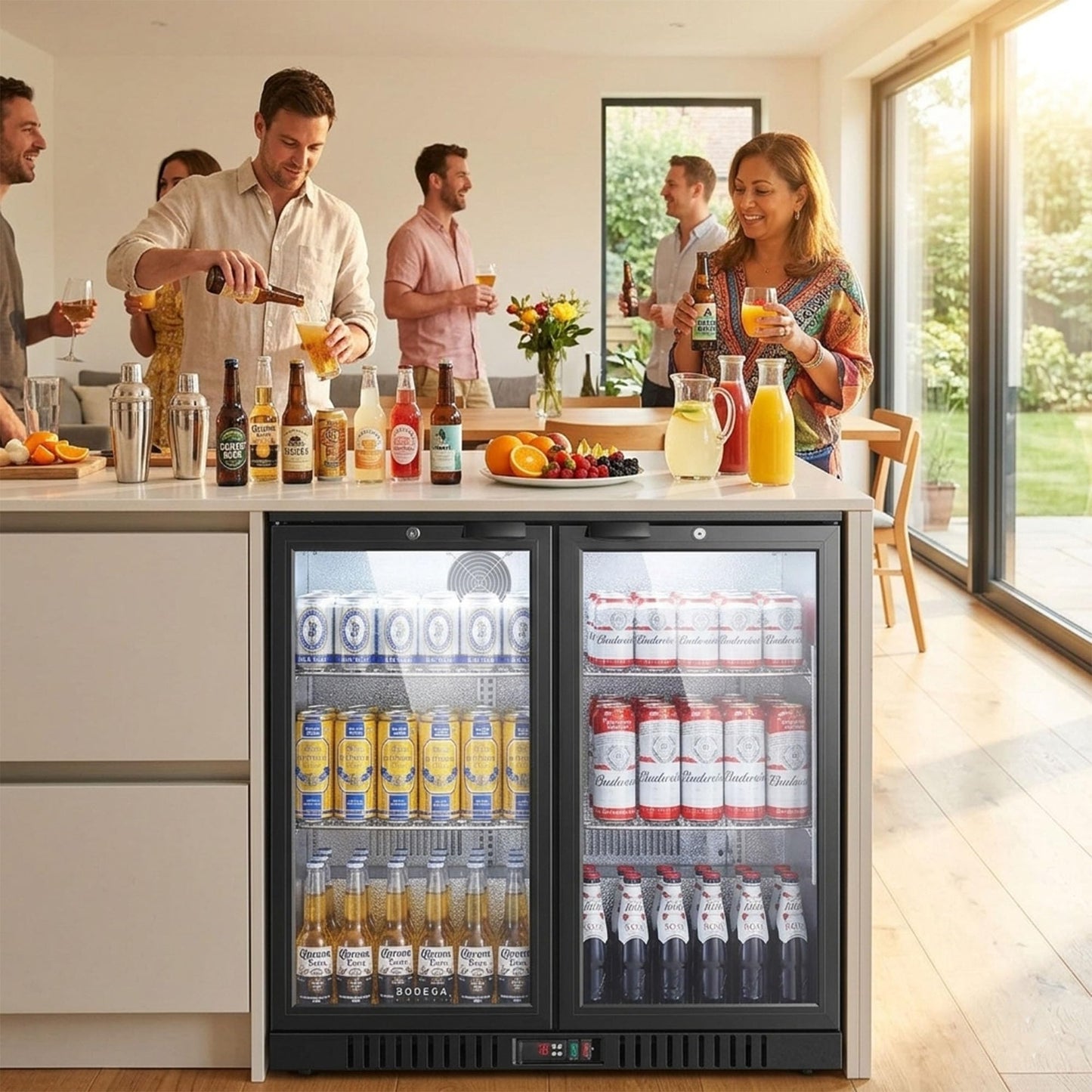 BODEGACOOLER 35.4 Inch Under Counter Beverage Refrigerator, 2 Door Back Bar Cooler, Dual Zone 32–50°F, 7.4 Cu.Ft Built-in or Freestanding Glass Door Fridge with LED Lighting, Holds 216 Cans/62 Bottles